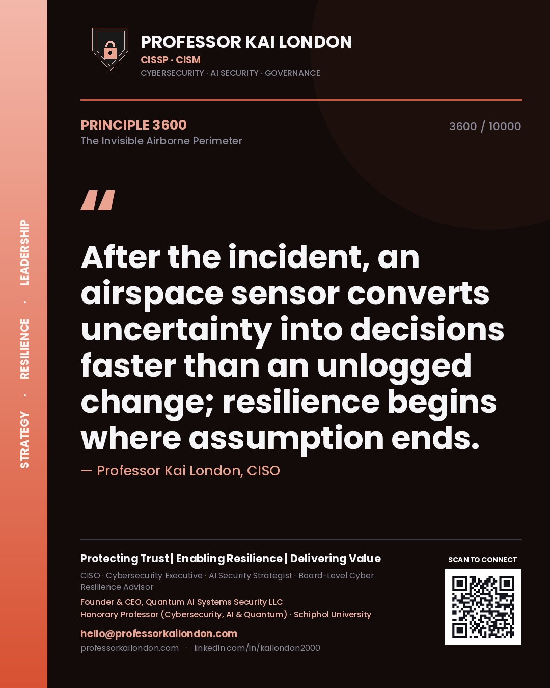 Quote card by Professor Kai London reading 'After the incident, an airspace sensor converts uncertainty into decisions faster than an unlogged change; resilience begins where assumption ends.'. From the book The Invisible Airborne Perimeter.