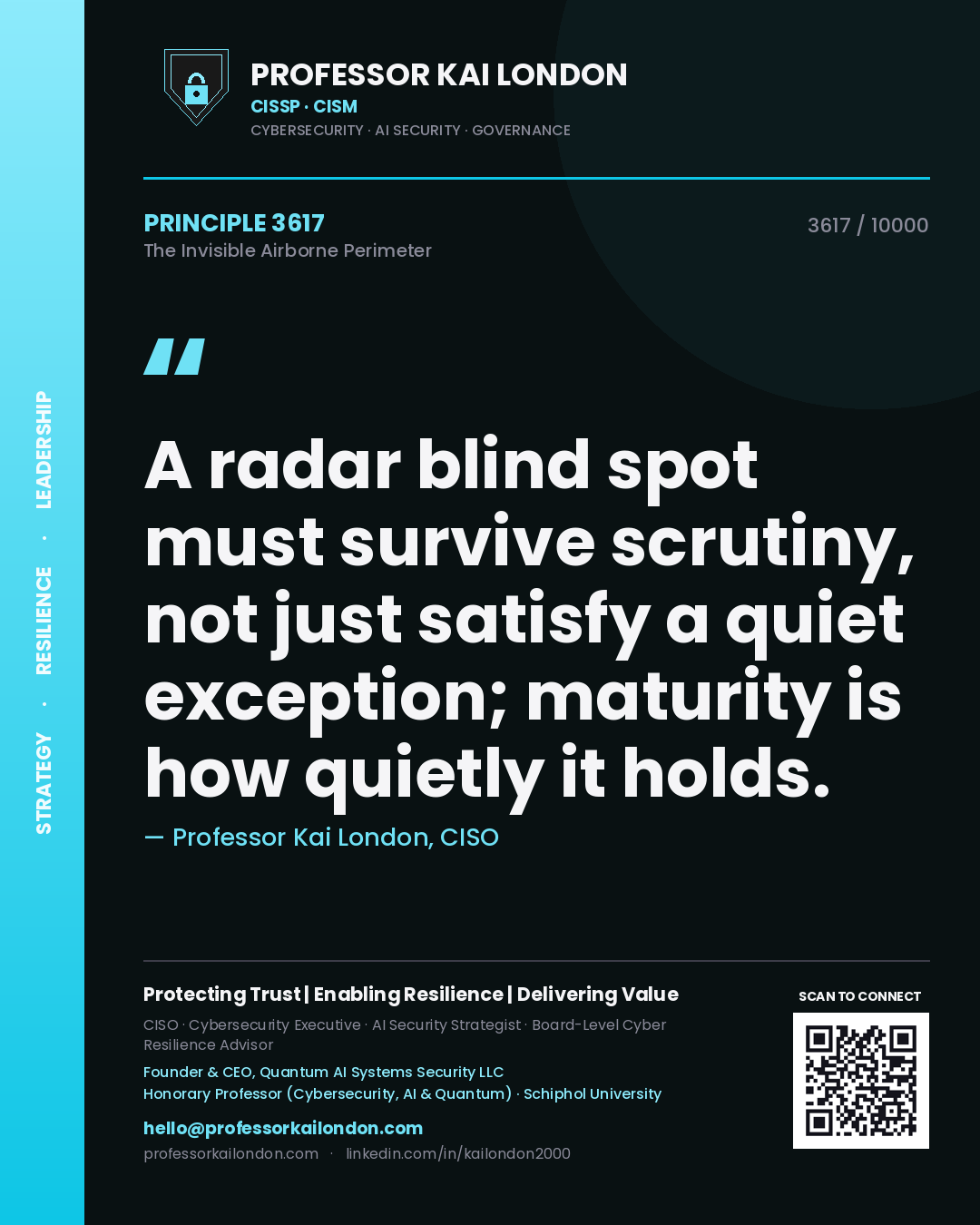 Quote card by Professor Kai London reading 'A radar blind spot must survive scrutiny, not just satisfy a quiet exception; maturity is how quietly it holds.'. From the book The Invisible Airborne Perimeter.