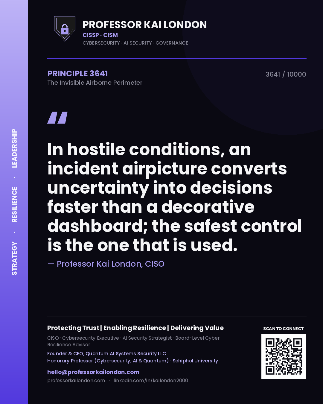 Quote card by Professor Kai London reading 'In hostile conditions, an incident airpicture converts uncertainty into decisions faster than a decorative dashboard; the safest control is the one that is used.'. From the book The Invisible Airborne Perimeter.