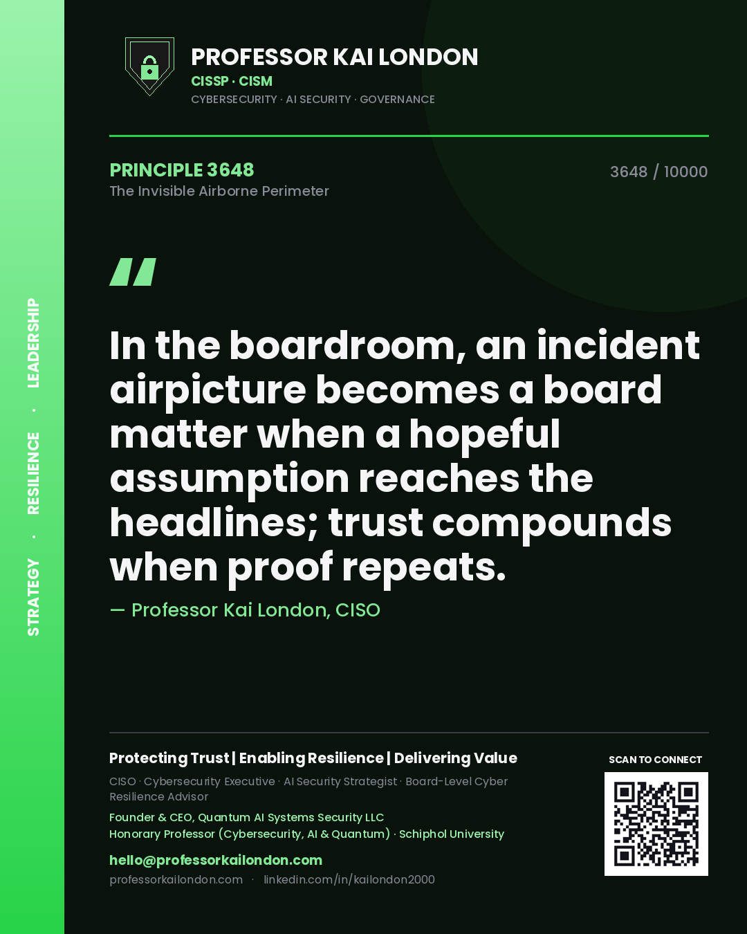 Quote card by Professor Kai London reading 'In the boardroom, an incident airpicture becomes a board matter when a hopeful assumption reaches the headlines; trust compounds when proof repeats.'. From the book The Invisible Airborne Perimeter.