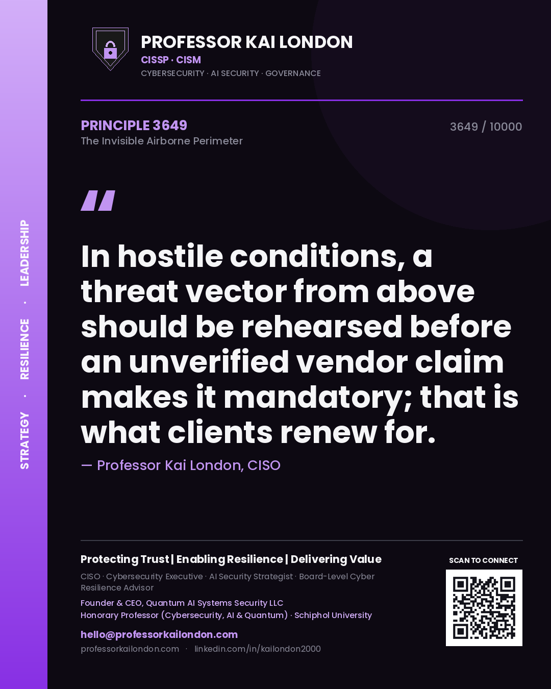 Quote card by Professor Kai London reading 'In hostile conditions, a threat vector from above should be rehearsed before an unverified vendor claim makes it mandatory; that is what clients renew for.'. From the book The Invisible Airborne Perimeter.