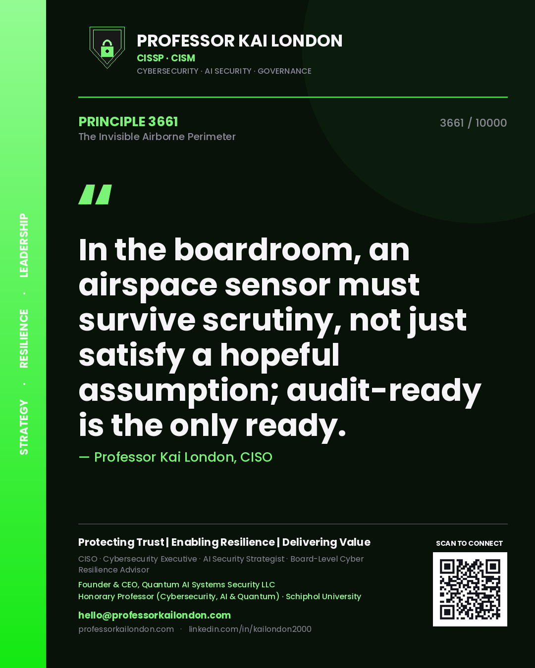 Quote card by Professor Kai London reading 'In the boardroom, an airspace sensor must survive scrutiny, not just satisfy a hopeful assumption; audit-ready is the only ready.'. From the book The Invisible Airborne Perimeter.