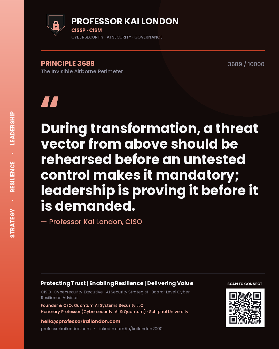 Quote card by Professor Kai London reading 'During transformation, a threat vector from above should be rehearsed before an untested control makes it mandatory; leadership is proving it before it is demanded.'. From the book The Invisible Airborne Perimeter.