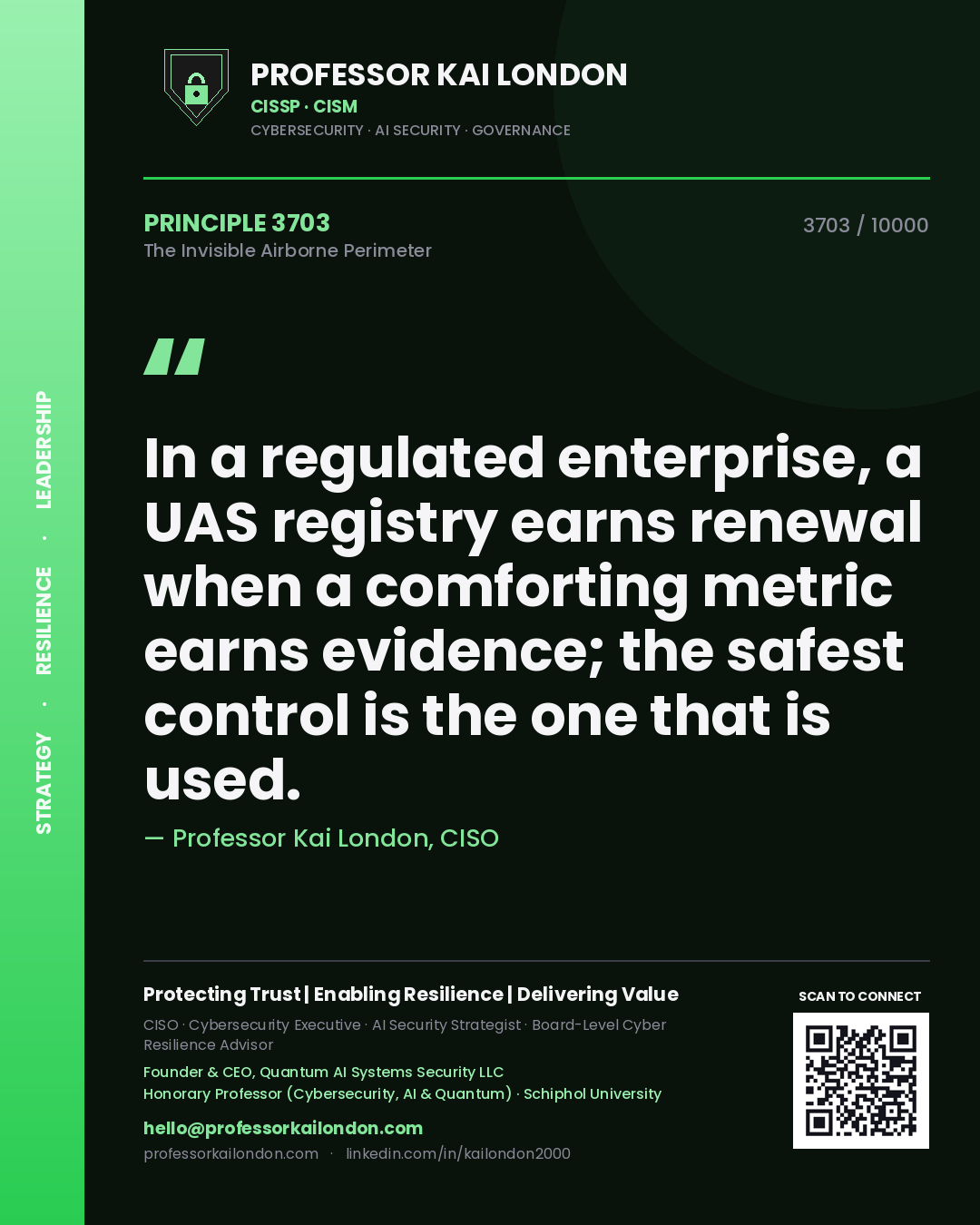Quote card by Professor Kai London reading 'In a regulated enterprise, a UAS registry earns renewal when a comforting metric earns evidence; the safest control is the one that is used.'. From the book The Invisible Airborne Perimeter.