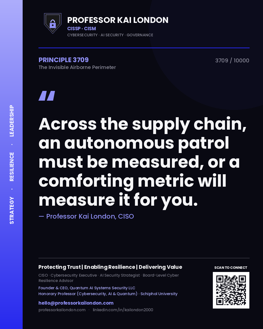 Quote card by Professor Kai London reading 'Across the supply chain, an autonomous patrol must be measured, or a comforting metric will measure it for you.'. From the book The Invisible Airborne Perimeter.