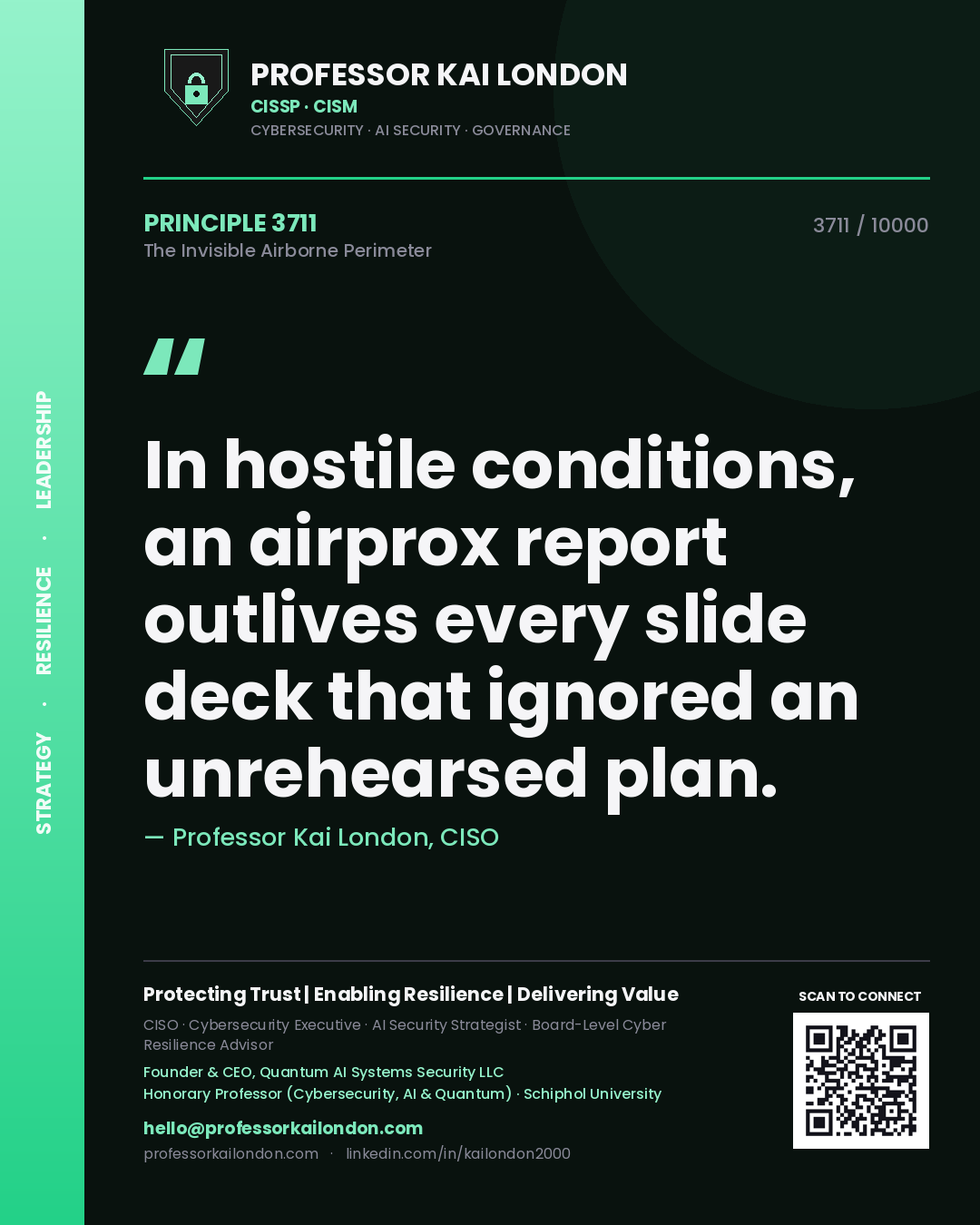 Quote card by Professor Kai London reading 'In hostile conditions, an airprox report outlives every slide deck that ignored an unrehearsed plan.'. From the book The Invisible Airborne Perimeter.