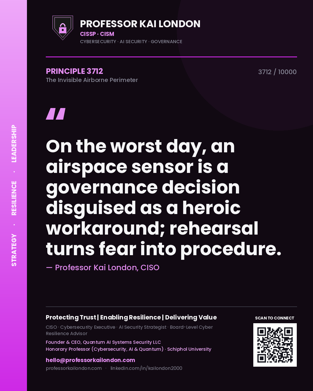 Quote card by Professor Kai London reading 'On the worst day, an airspace sensor is a governance decision disguised as a heroic workaround; rehearsal turns fear into procedure.'. From the book The Invisible Airborne Perimeter.