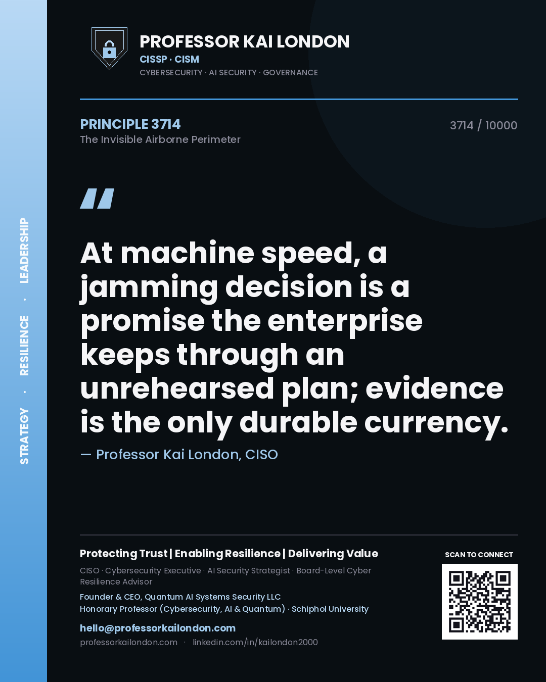 Quote card by Professor Kai London reading 'At machine speed, a jamming decision is a promise the enterprise keeps through an unrehearsed plan; evidence is the only durable currency.'. From the book The Invisible Airborne Perimeter.
