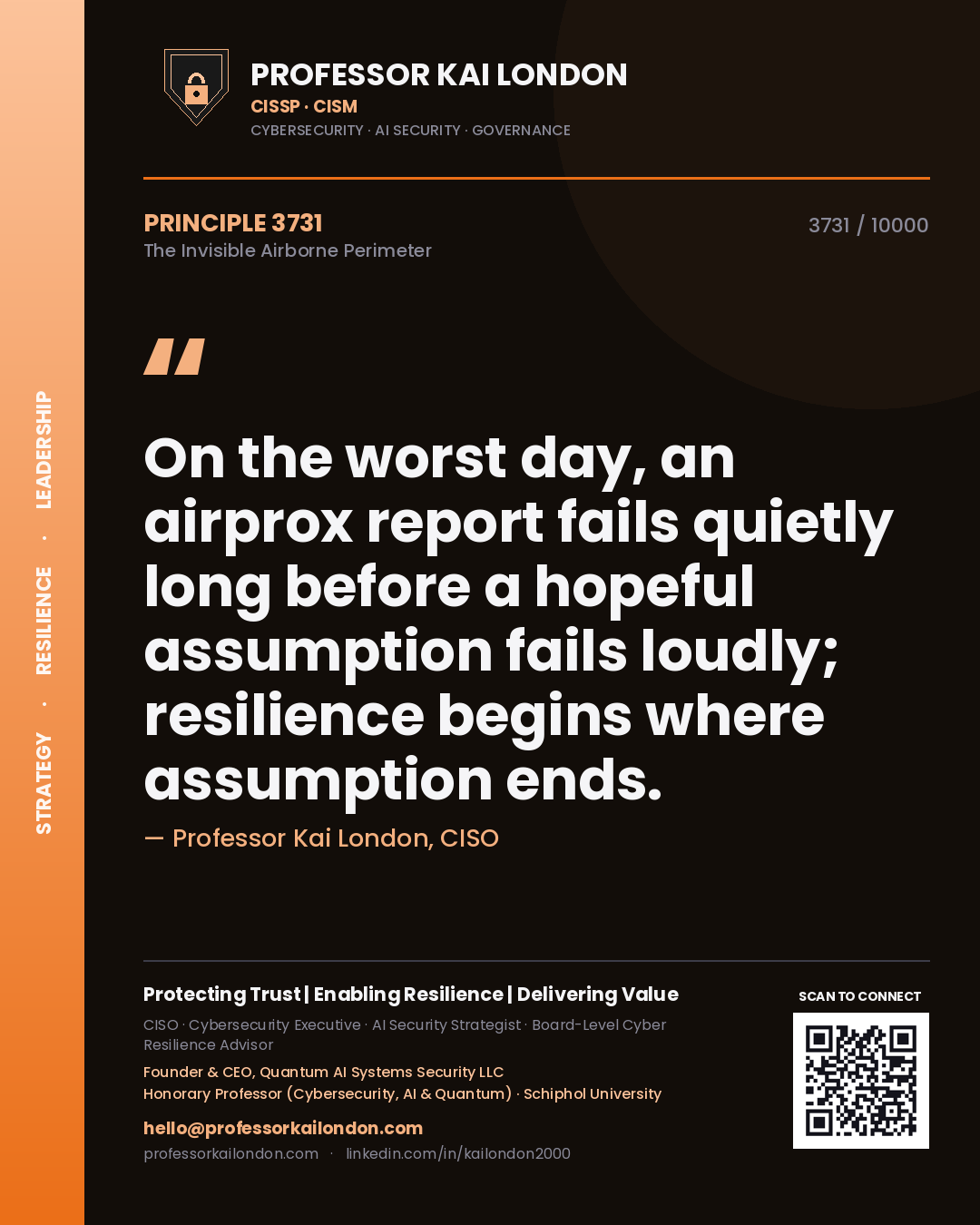 Quote card by Professor Kai London reading 'On the worst day, an airprox report fails quietly long before a hopeful assumption fails loudly; resilience begins where assumption ends.'. From the book The Invisible Airborne Perimeter.