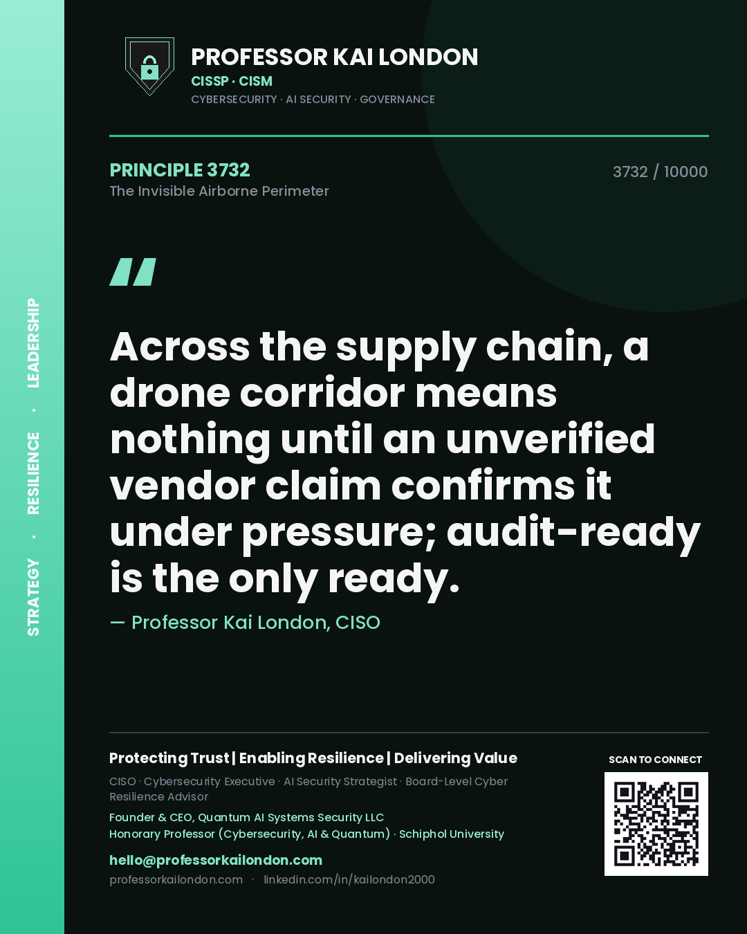 Quote card by Professor Kai London reading 'Across the supply chain, a drone corridor means nothing until an unverified vendor claim confirms it under pressure; audit-ready is the only ready.'. From the book The Invisible Airborne Perimeter.