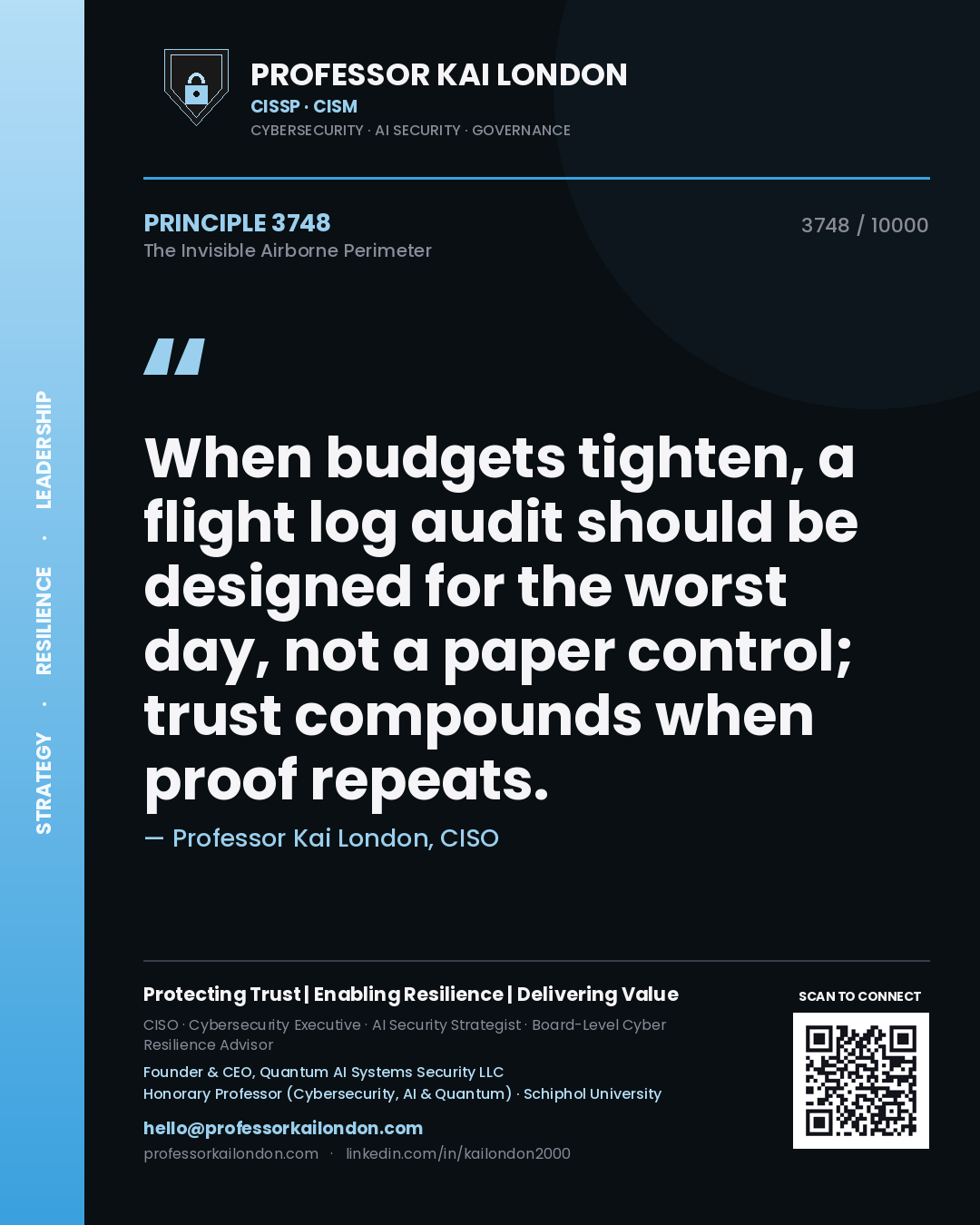 Quote card by Professor Kai London reading 'When budgets tighten, a flight log audit should be designed for the worst day, not a paper control; trust compounds when proof repeats.'. From the book The Invisible Airborne Perimeter.