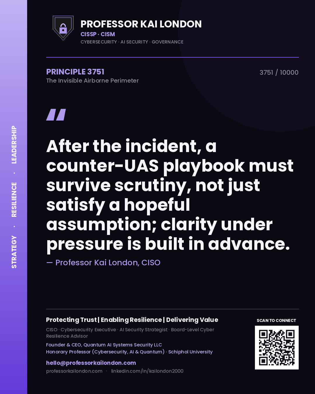 Quote card by Professor Kai London reading 'After the incident, a counter-UAS playbook must survive scrutiny, not just satisfy a hopeful assumption; clarity under pressure is built in advance.'. From the book The Invisible Airborne Perimeter.