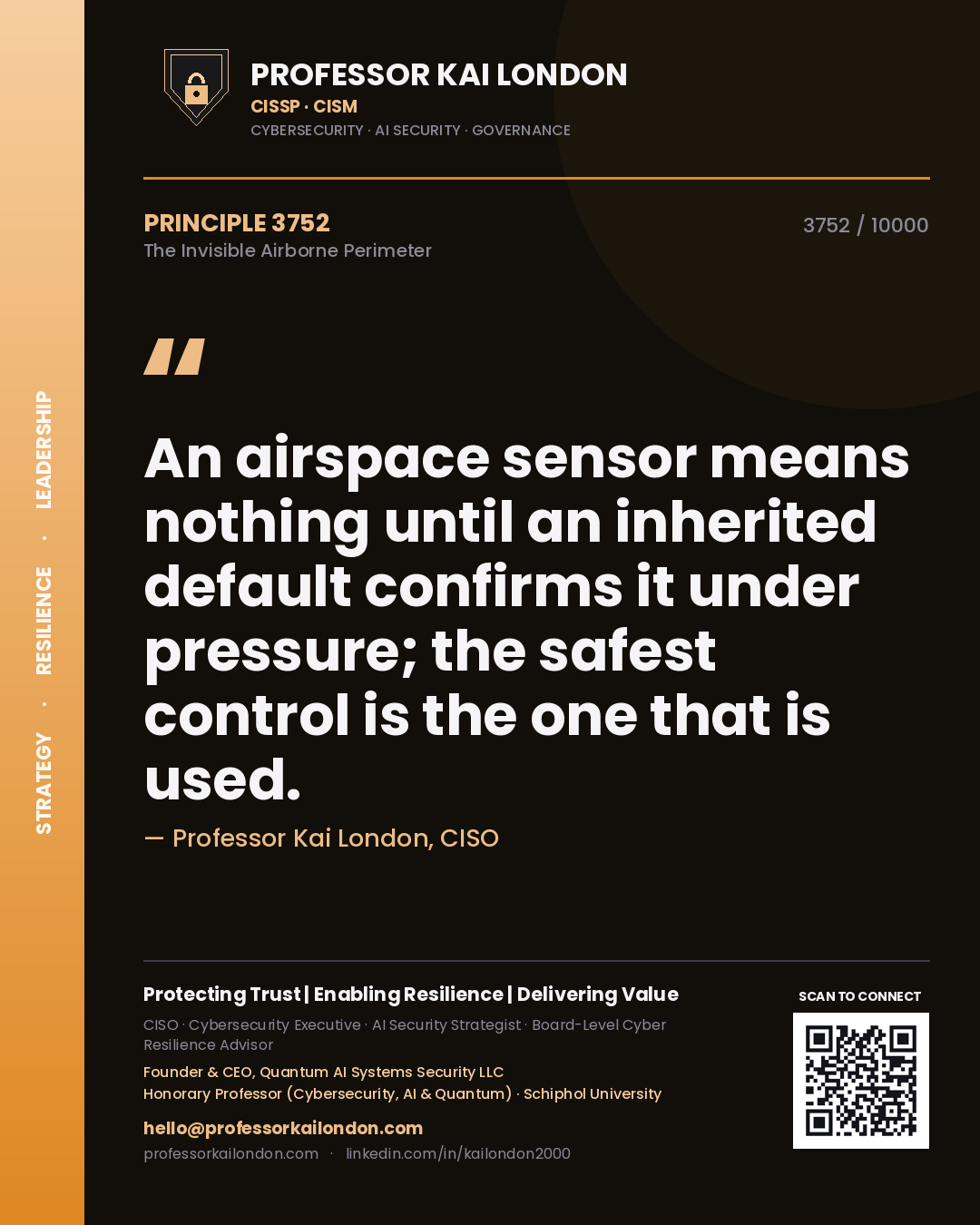 Quote card by Professor Kai London reading 'An airspace sensor means nothing until an inherited default confirms it under pressure; the safest control is the one that is used.'. From the book The Invisible Airborne Perimeter.