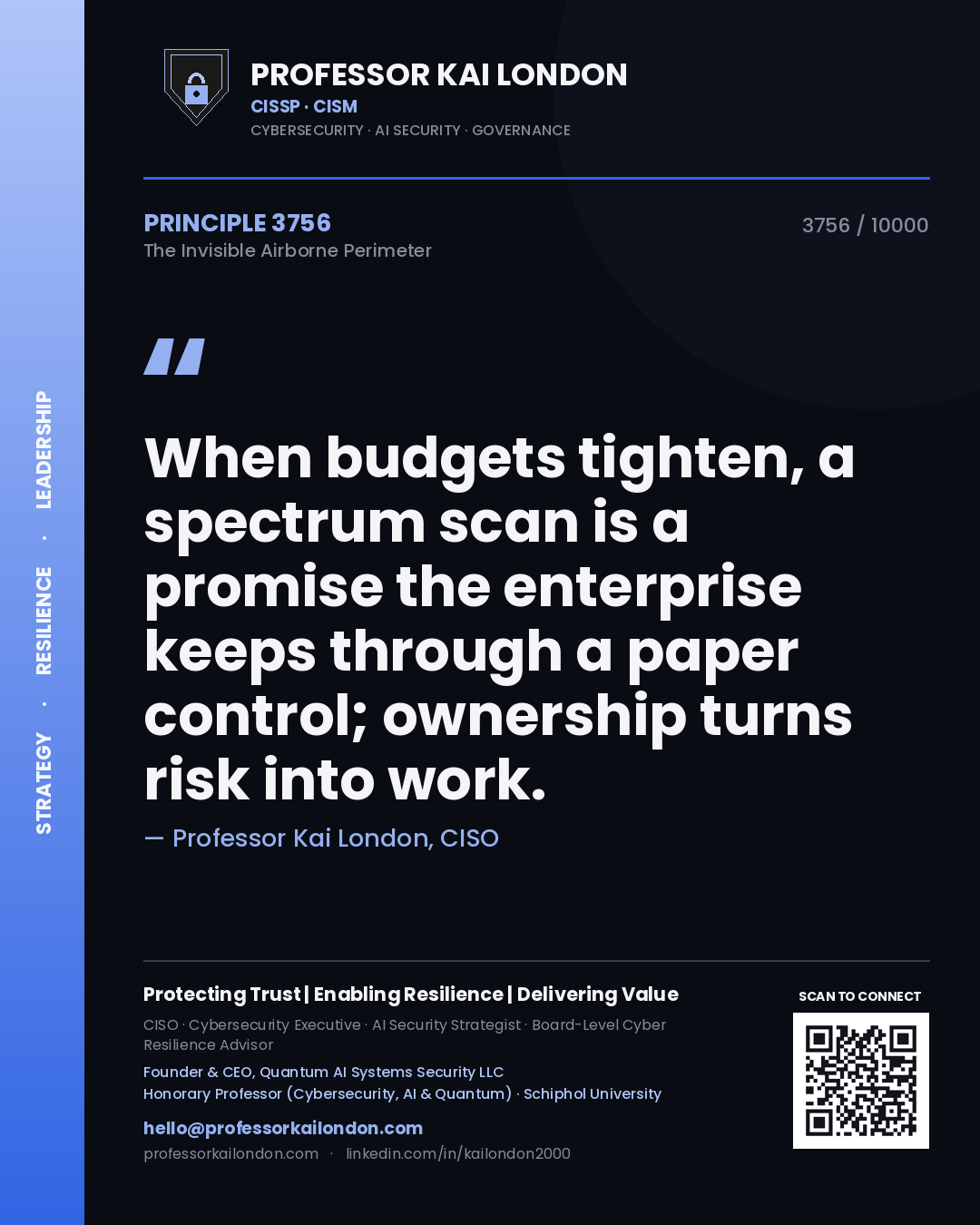 Quote card by Professor Kai London reading 'When budgets tighten, a spectrum scan is a promise the enterprise keeps through a paper control; ownership turns risk into work.'. From the book The Invisible Airborne Perimeter.
