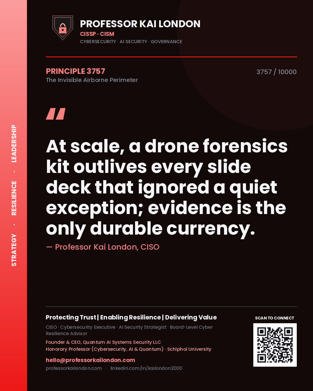 Quote card by Professor Kai London reading 'At scale, a drone forensics kit outlives every slide deck that ignored a quiet exception; evidence is the only durable currency.'. From the book The Invisible Airborne Perimeter.