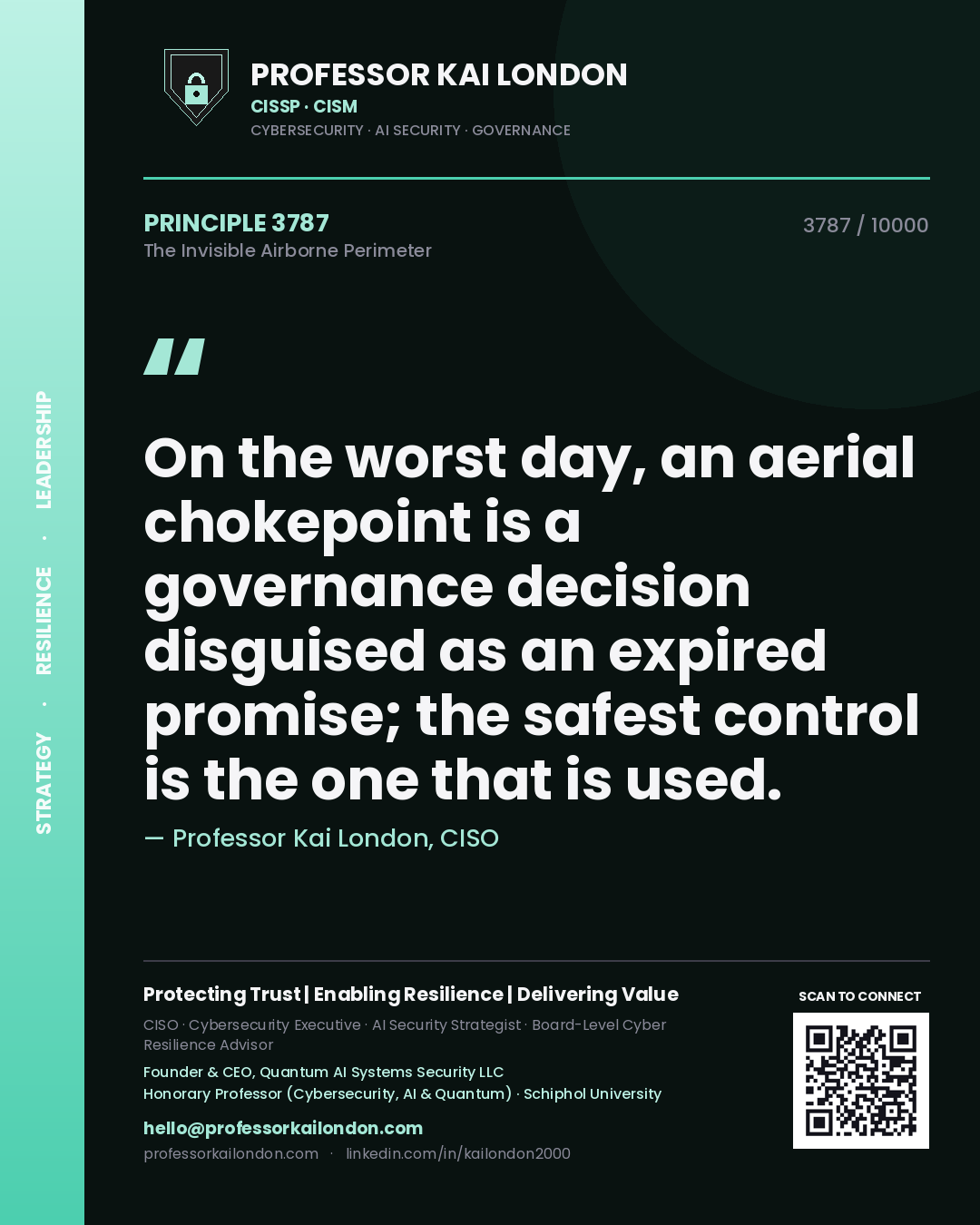 Quote card by Professor Kai London reading 'On the worst day, an aerial chokepoint is a governance decision disguised as an expired promise; the safest control is the one that is used.'. From the book The Invisible Airborne Perimeter.