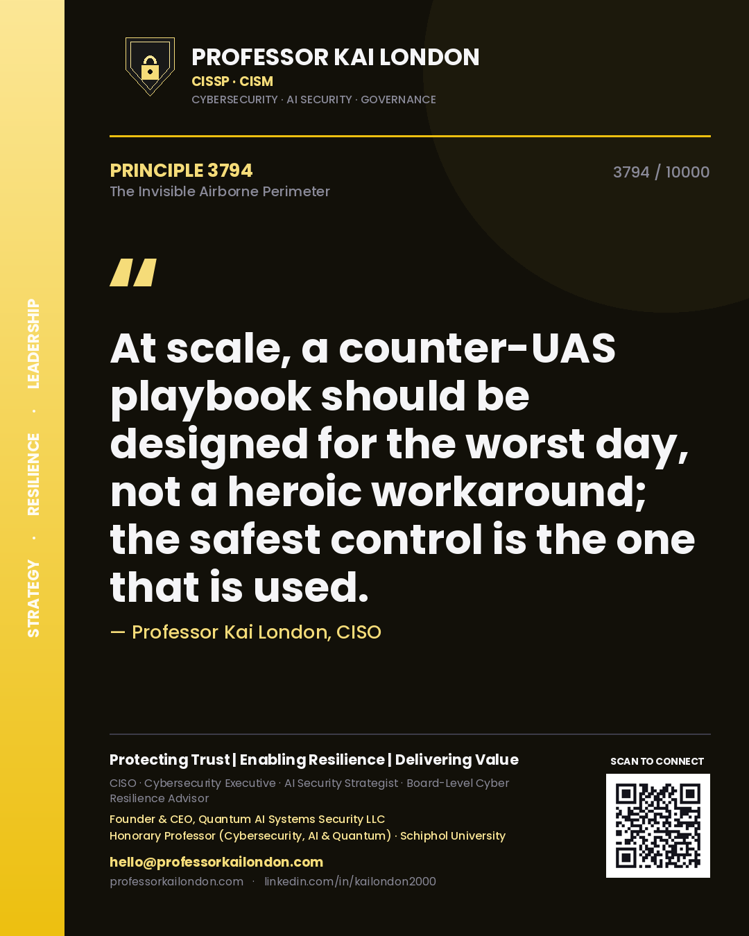 Quote card by Professor Kai London reading 'At scale, a counter-UAS playbook should be designed for the worst day, not a heroic workaround; the safest control is the one that is used.'. From the book The Invisible Airborne Perimeter.