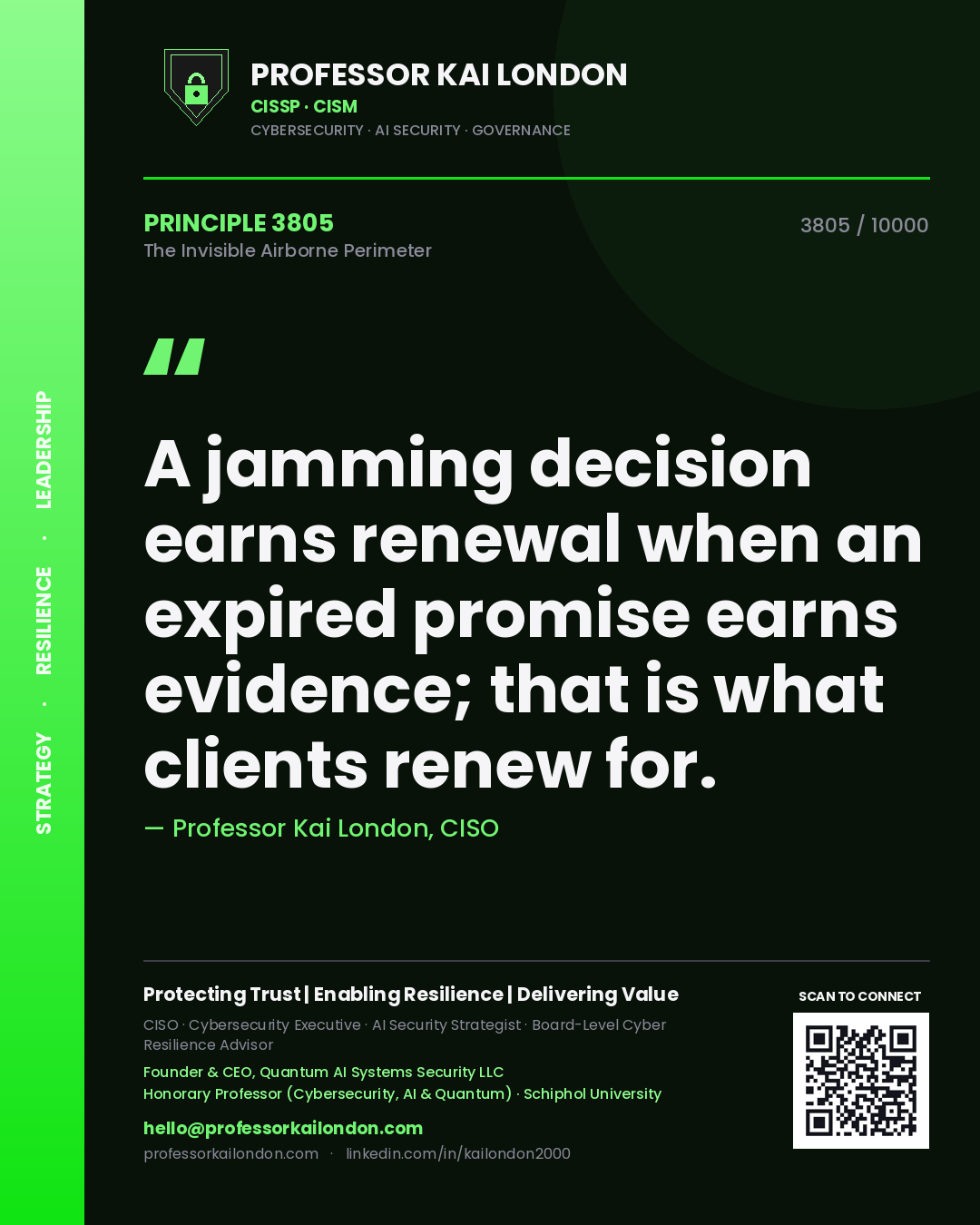 Quote card by Professor Kai London reading 'A jamming decision earns renewal when an expired promise earns evidence; that is what clients renew for.'. From the book The Invisible Airborne Perimeter.