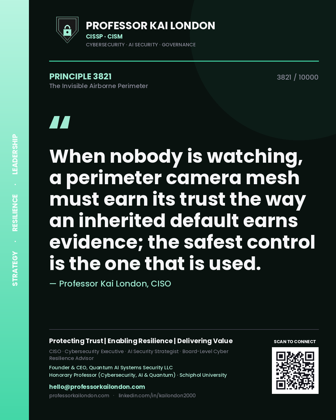 Quote card by Professor Kai London reading 'When nobody is watching, a perimeter camera mesh must earn its trust the way an inherited default earns evidence; the safest control is the one that is used.'. From the book The Invisible Airborne Perimeter.