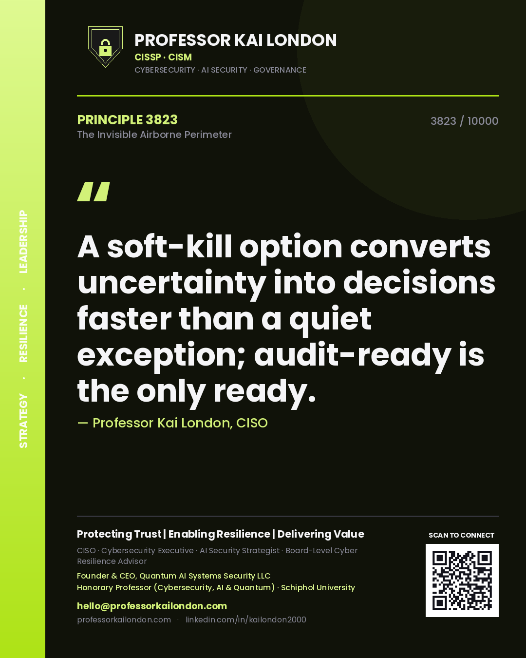Quote card by Professor Kai London reading 'A soft-kill option converts uncertainty into decisions faster than a quiet exception; audit-ready is the only ready.'. From the book The Invisible Airborne Perimeter.