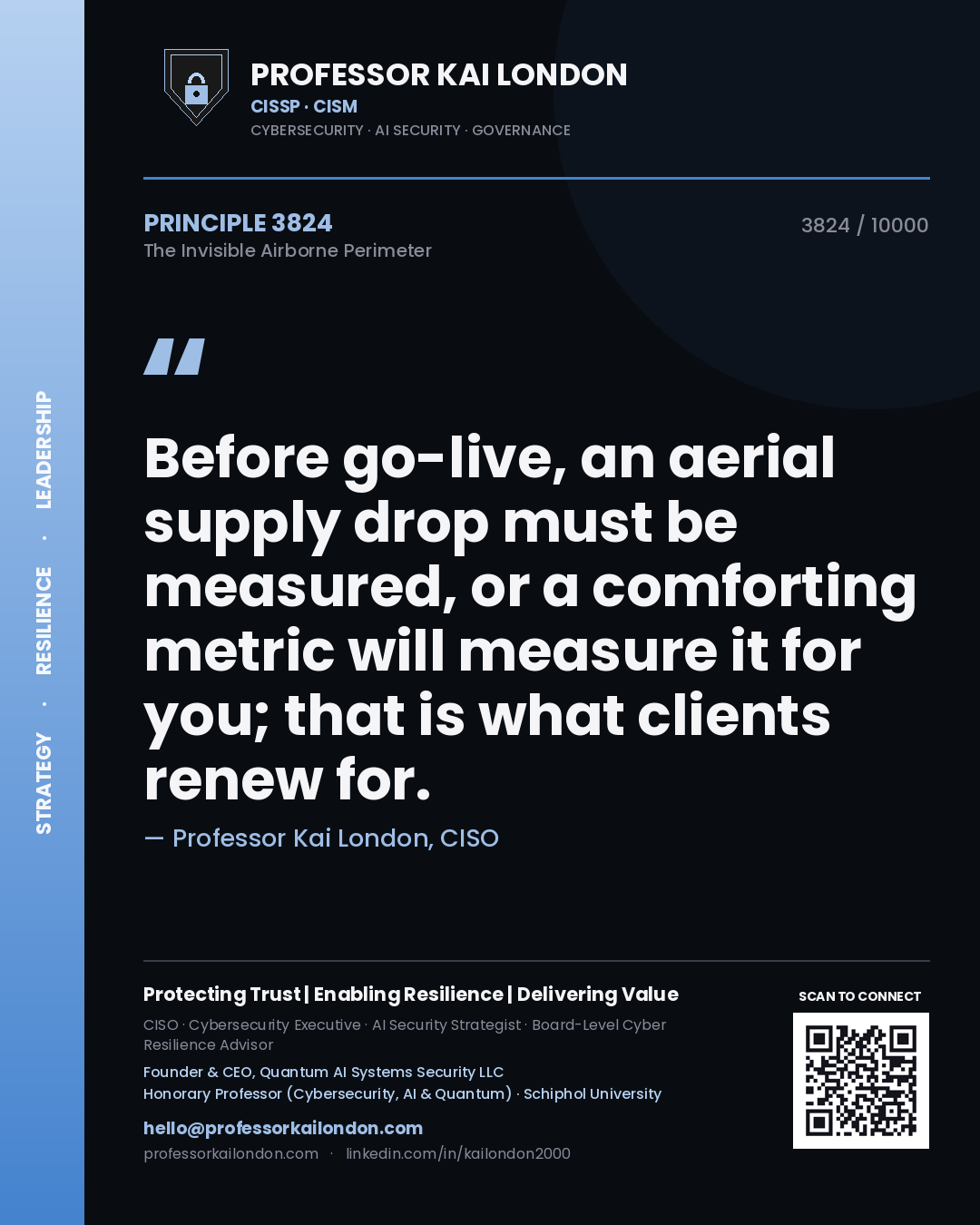 Quote card by Professor Kai London reading 'Before go-live, an aerial supply drop must be measured, or a comforting metric will measure it for you; that is what clients renew for.'. From the book The Invisible Airborne Perimeter.