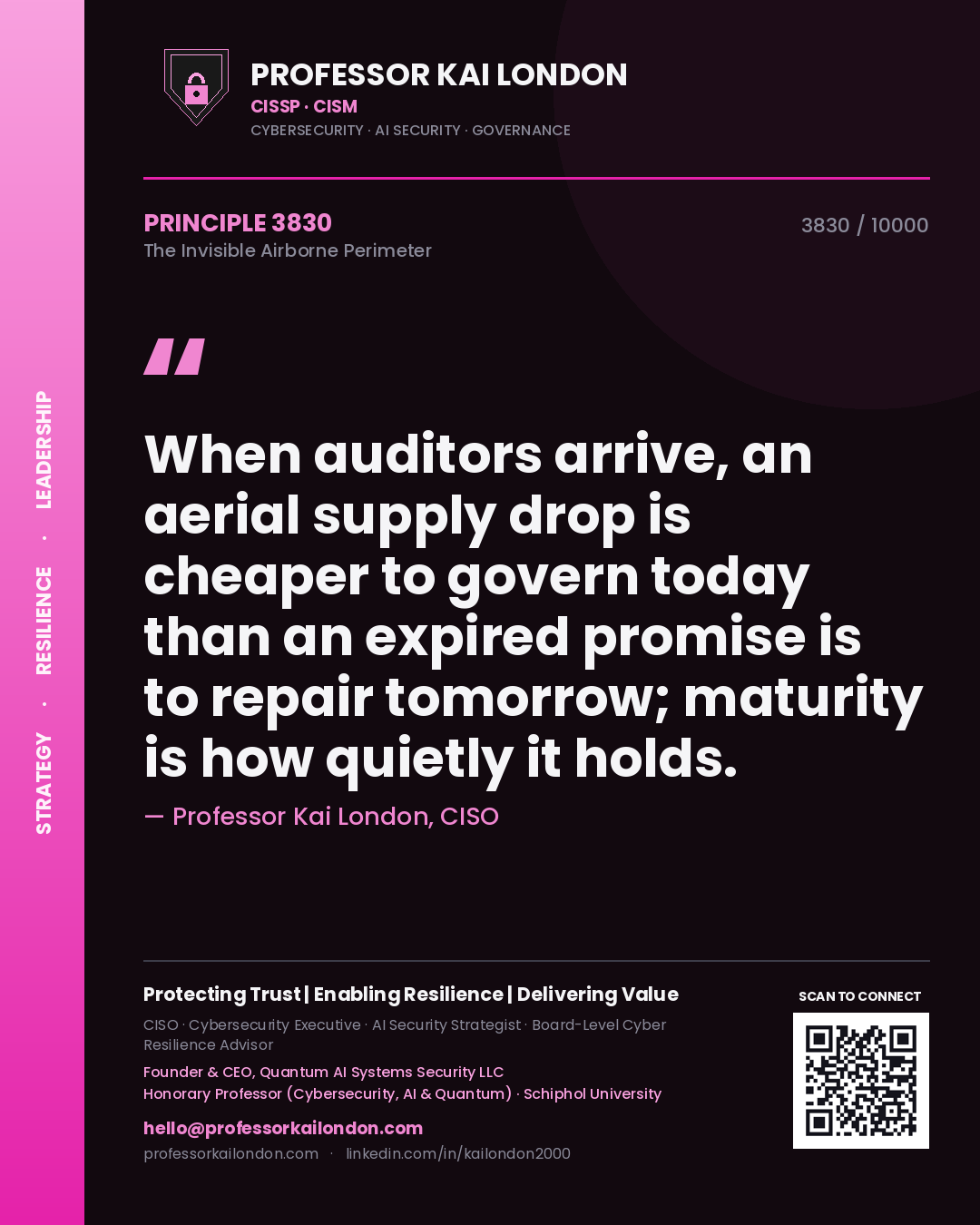 Quote card by Professor Kai London reading 'When auditors arrive, an aerial supply drop is cheaper to govern today than an expired promise is to repair tomorrow; maturity is how quietly it holds.'. From the book The Invisible Airborne Perimeter.