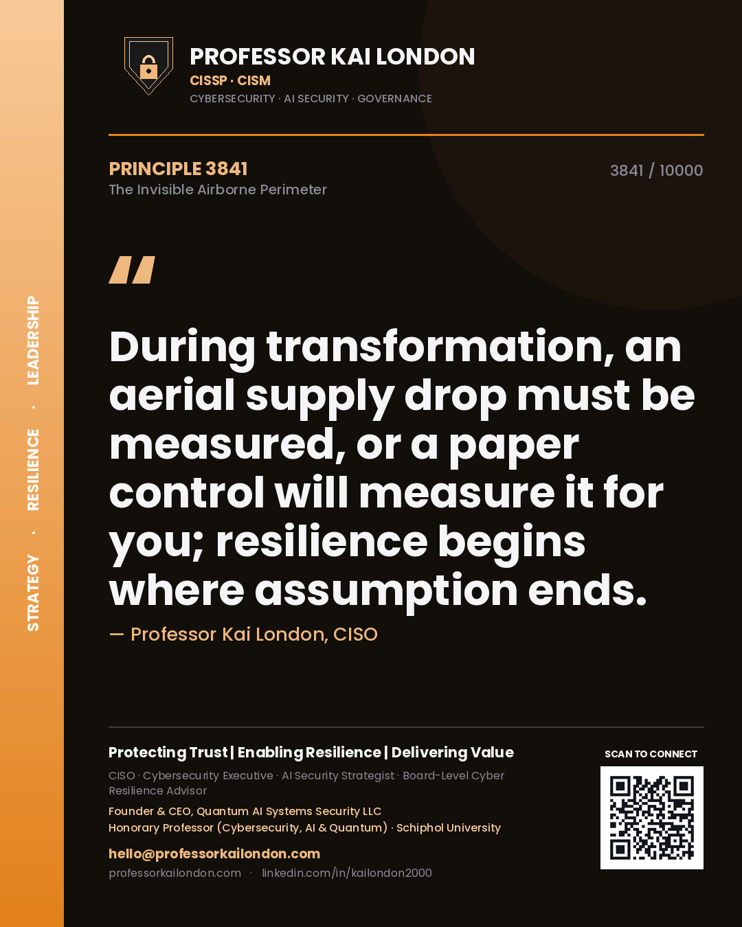 Quote card by Professor Kai London reading 'During transformation, an aerial supply drop must be measured, or a paper control will measure it for you; resilience begins where assumption ends.'. From the book The Invisible Airborne Perimeter.