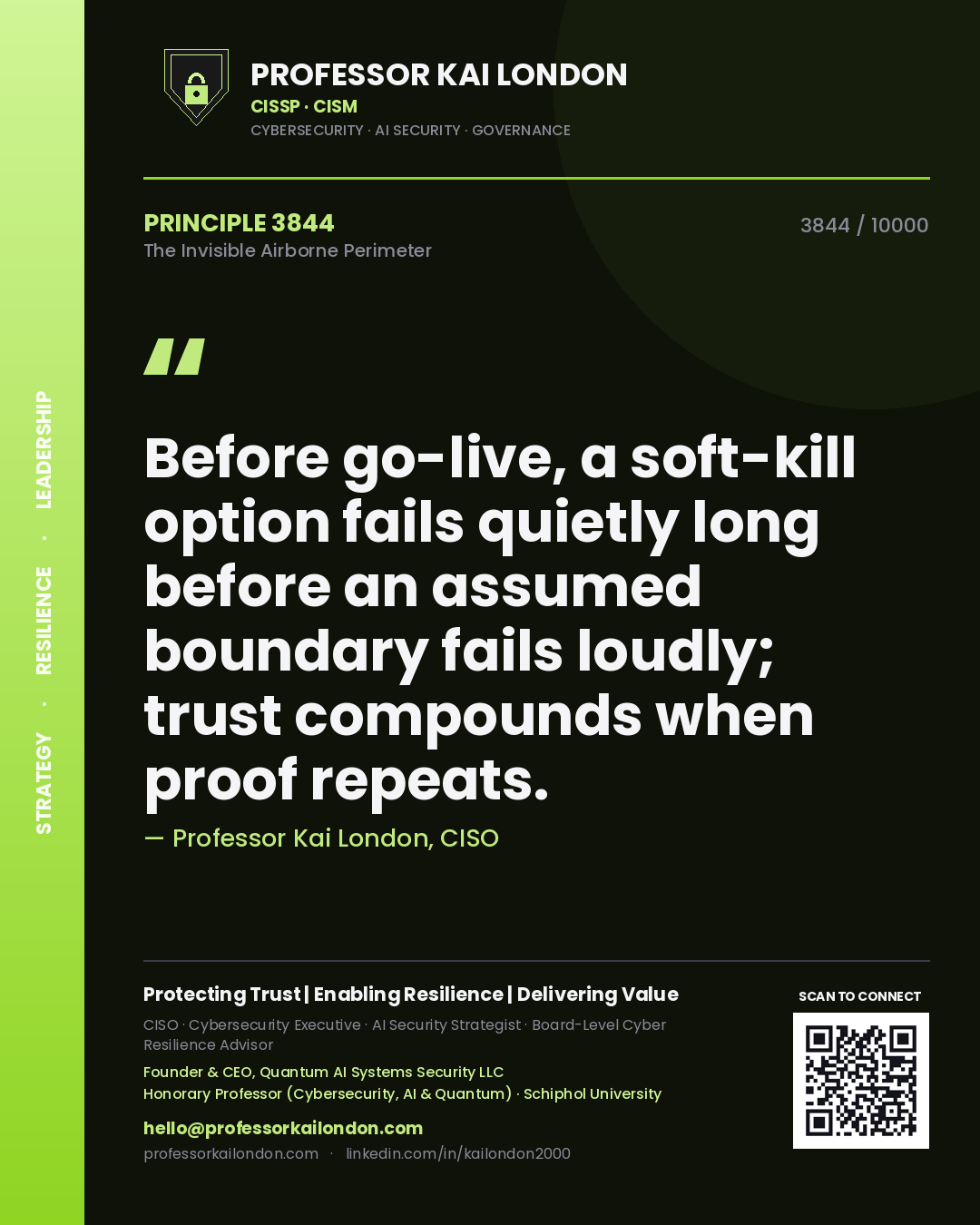 Quote card by Professor Kai London reading 'Before go-live, a soft-kill option fails quietly long before an assumed boundary fails loudly; trust compounds when proof repeats.'. From the book The Invisible Airborne Perimeter.