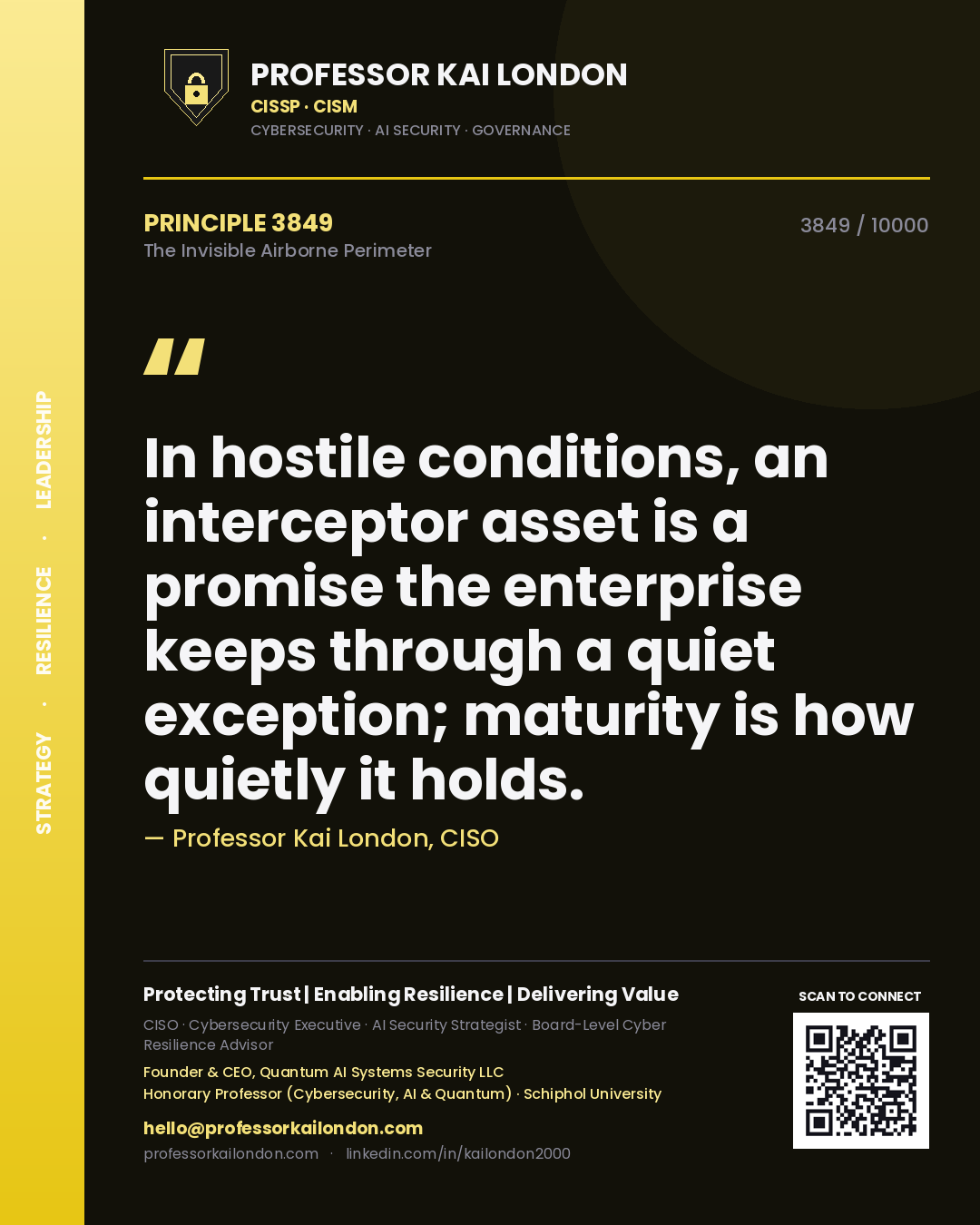 Quote card by Professor Kai London reading 'In hostile conditions, an interceptor asset is a promise the enterprise keeps through a quiet exception; maturity is how quietly it holds.'. From the book The Invisible Airborne Perimeter.