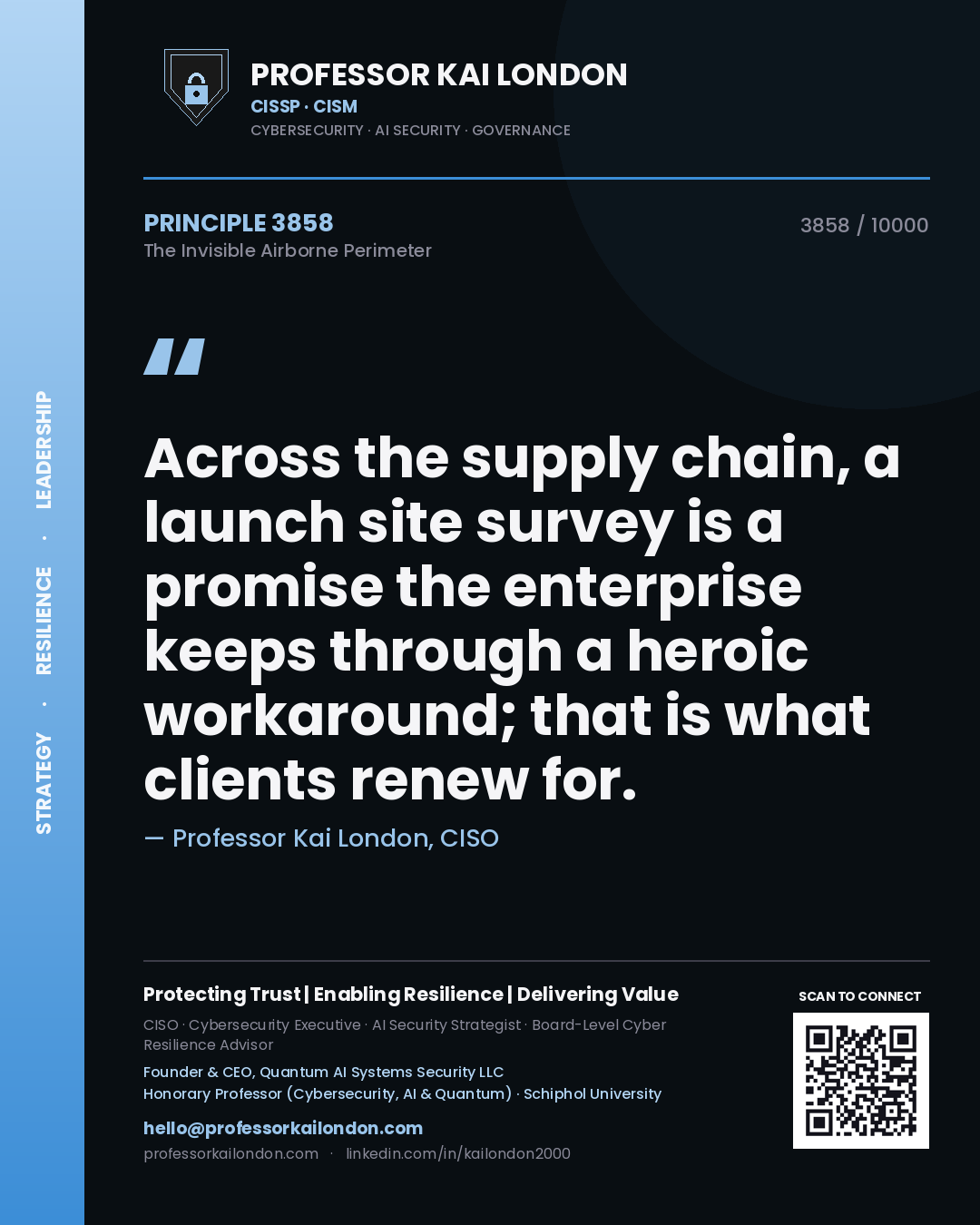 Quote card by Professor Kai London reading 'Across the supply chain, a launch site survey is a promise the enterprise keeps through a heroic workaround; that is what clients renew for.'. From the book The Invisible Airborne Perimeter.