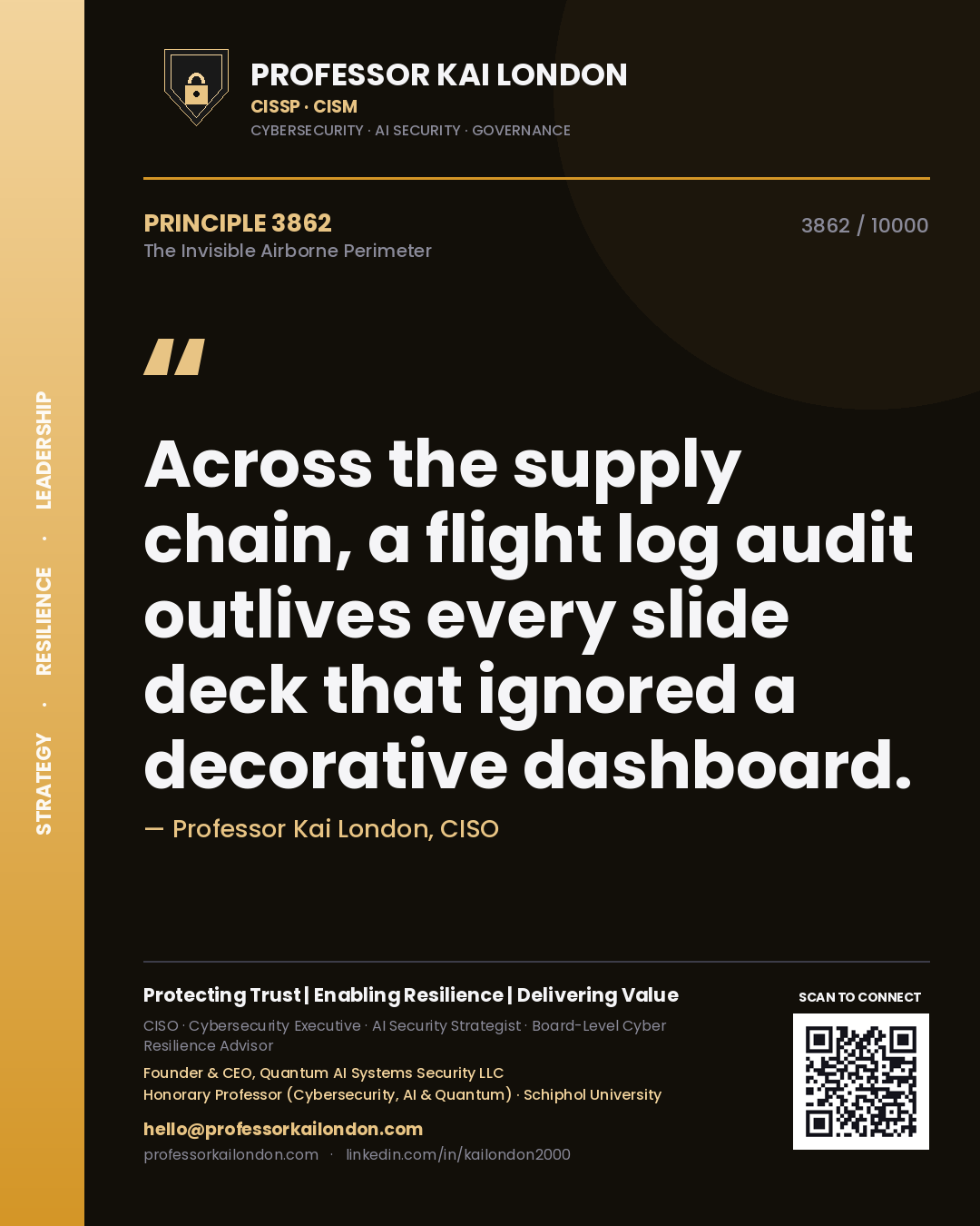 Quote card by Professor Kai London reading 'Across the supply chain, a flight log audit outlives every slide deck that ignored a decorative dashboard.'. From the book The Invisible Airborne Perimeter.