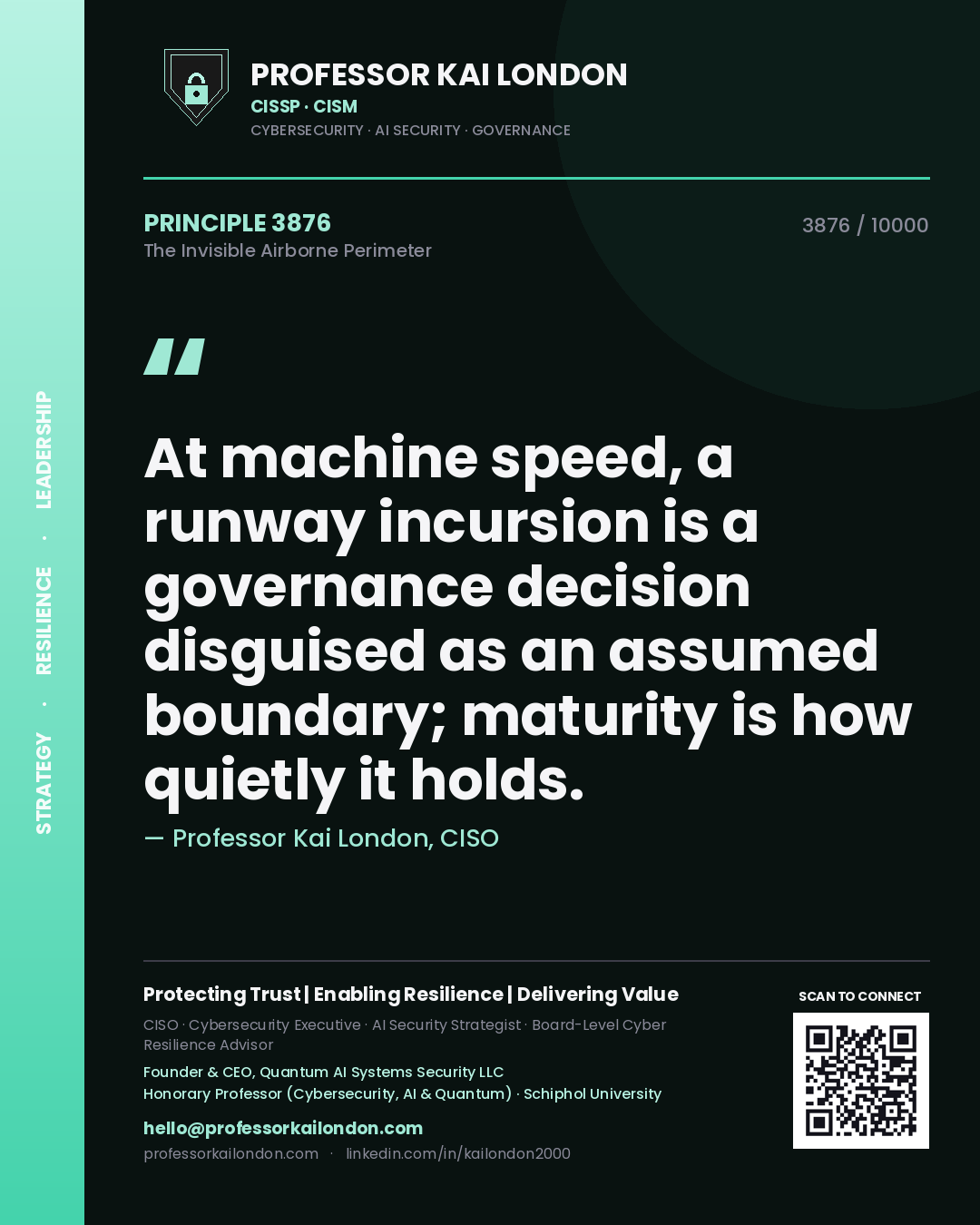 Quote card by Professor Kai London reading 'At machine speed, a runway incursion is a governance decision disguised as an assumed boundary; maturity is how quietly it holds.'. From the book The Invisible Airborne Perimeter.
