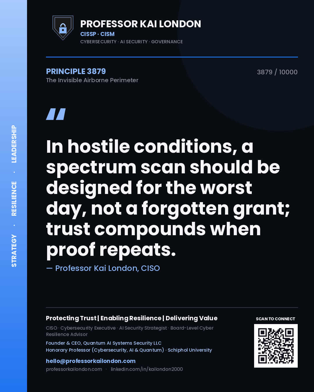Quote card by Professor Kai London reading 'In hostile conditions, a spectrum scan should be designed for the worst day, not a forgotten grant; trust compounds when proof repeats.'. From the book The Invisible Airborne Perimeter.