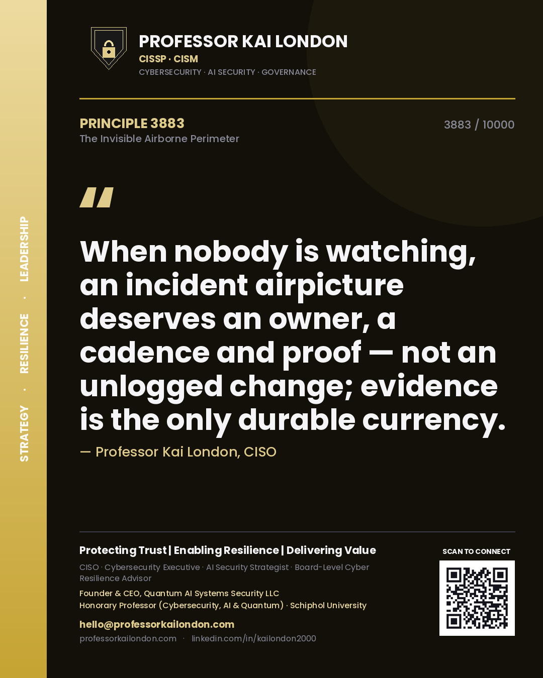 Quote card by Professor Kai London reading 'When nobody is watching, an incident airpicture deserves an owner, a cadence and proof — not an unlogged change; evidence is the only durable currency.'. From the book The Invisible Airborne Perimeter.