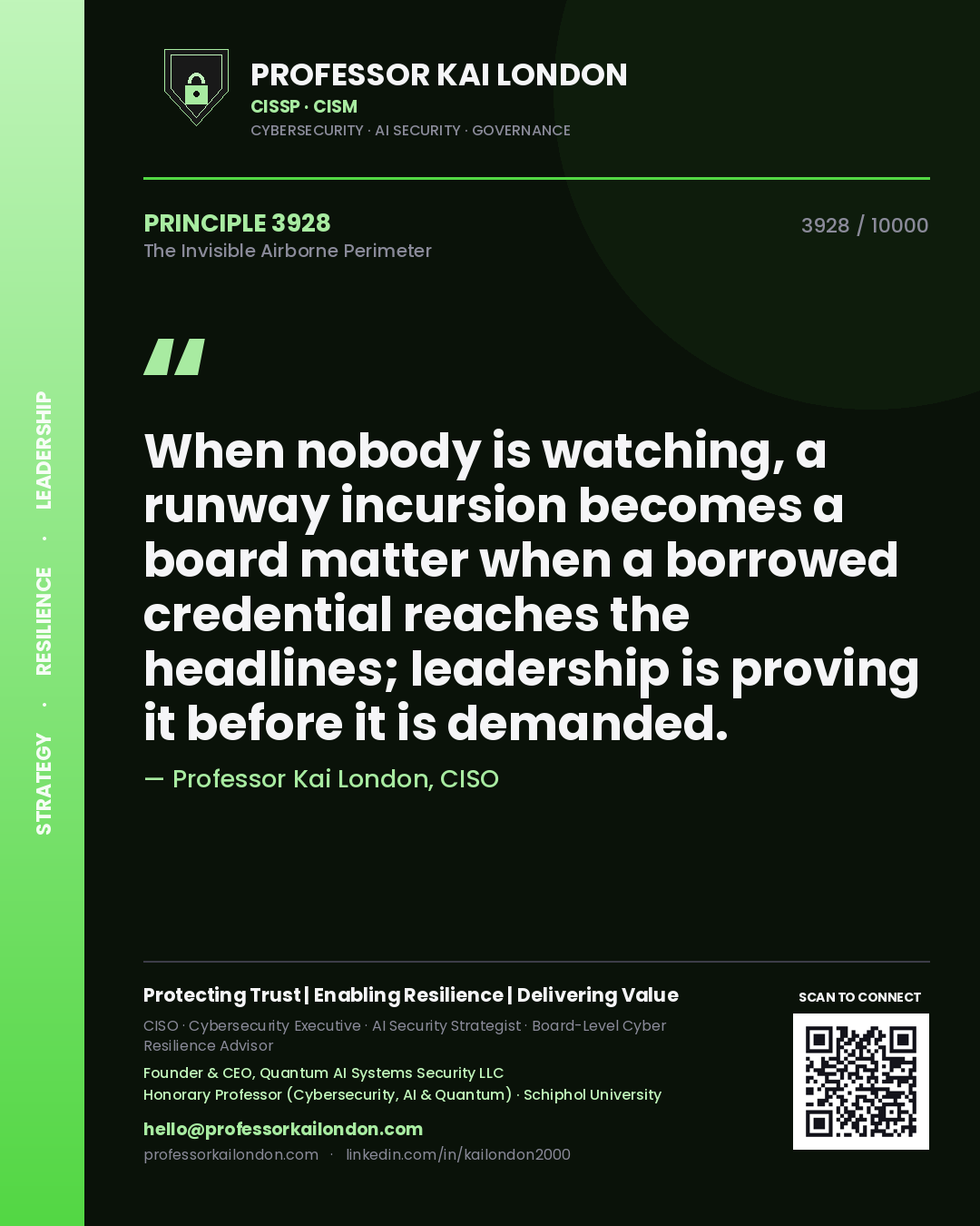 Professor Kai London principle 3928: When nobody is watching, a runway incursion becomes a board matter when a borrowed credential reaches the headlines; leadership is proving it before it is demanded.