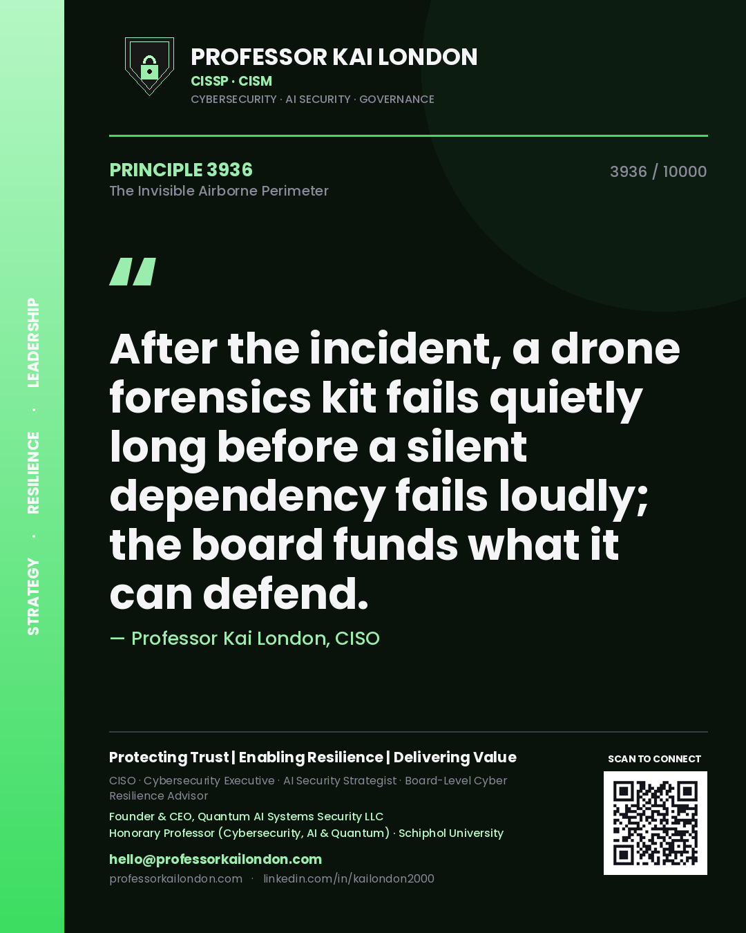 Professor Kai London principle 3936: After the incident, a drone forensics kit fails quietly long before a silent dependency fails loudly; the board funds what it can defend.