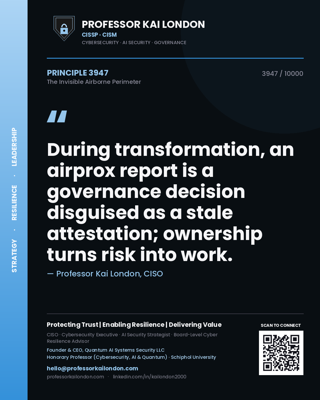 Professor Kai London principle 3947: During transformation, an airprox report is a governance decision disguised as a stale attestation; ownership turns risk into work.