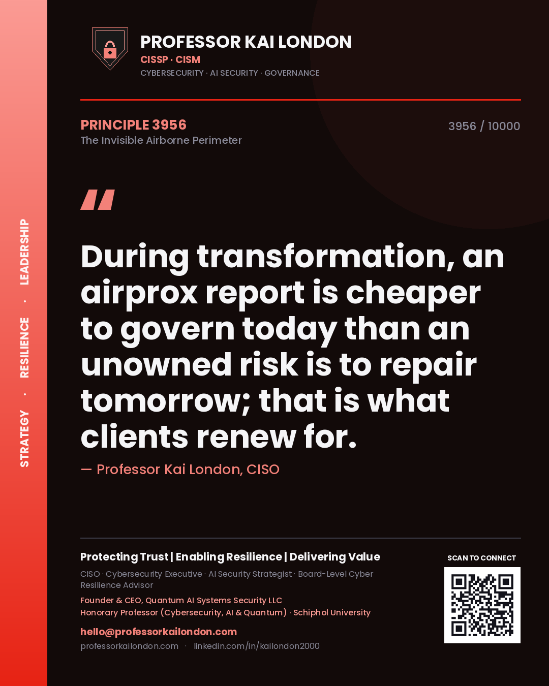 Professor Kai London principle 3956: During transformation, an airprox report is cheaper to govern today than an unowned risk is to repair tomorrow; that is what clients renew for.