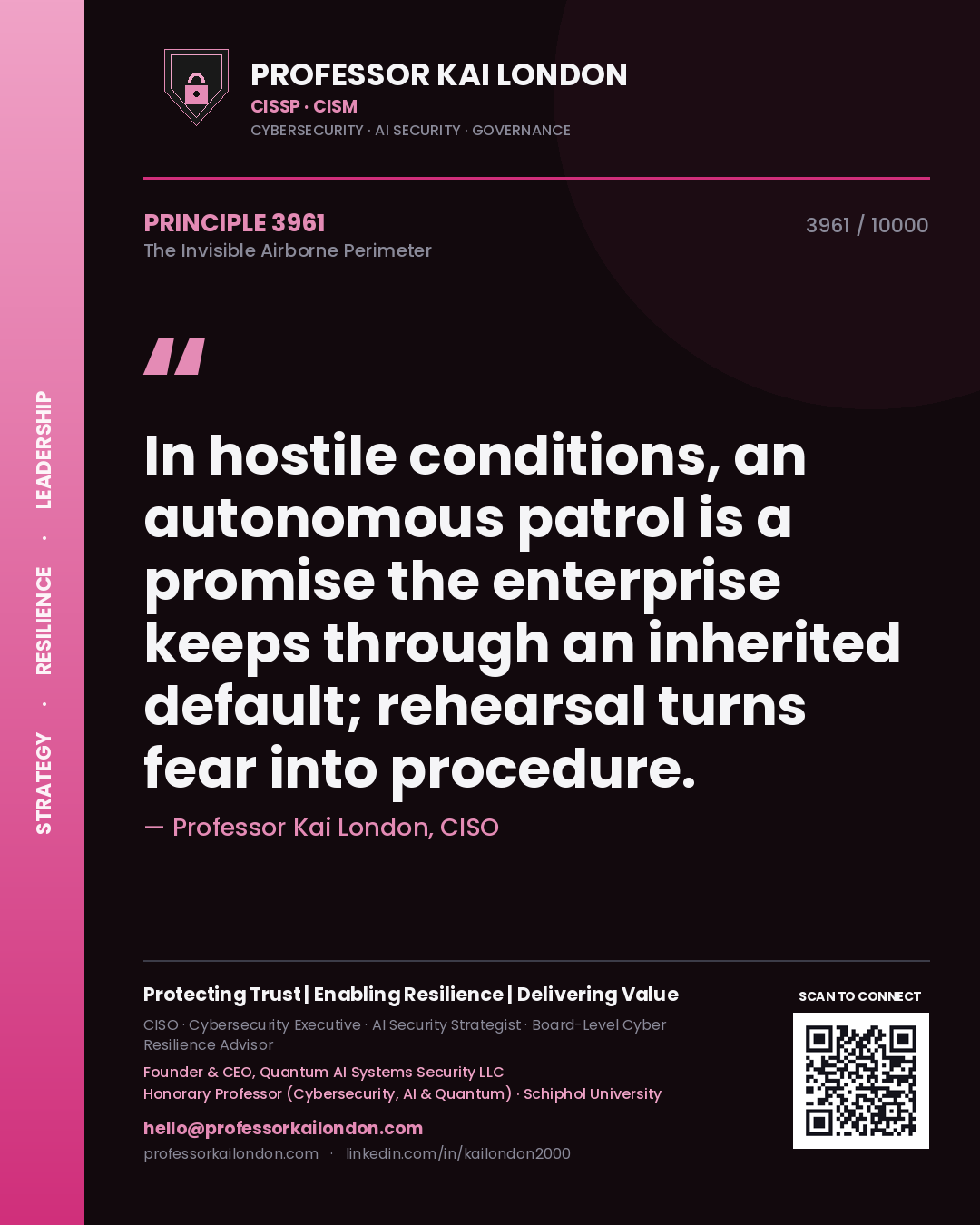 Professor Kai London principle 3961: In hostile conditions, an autonomous patrol is a promise the enterprise keeps through an inherited default; rehearsal turns fear into procedure.