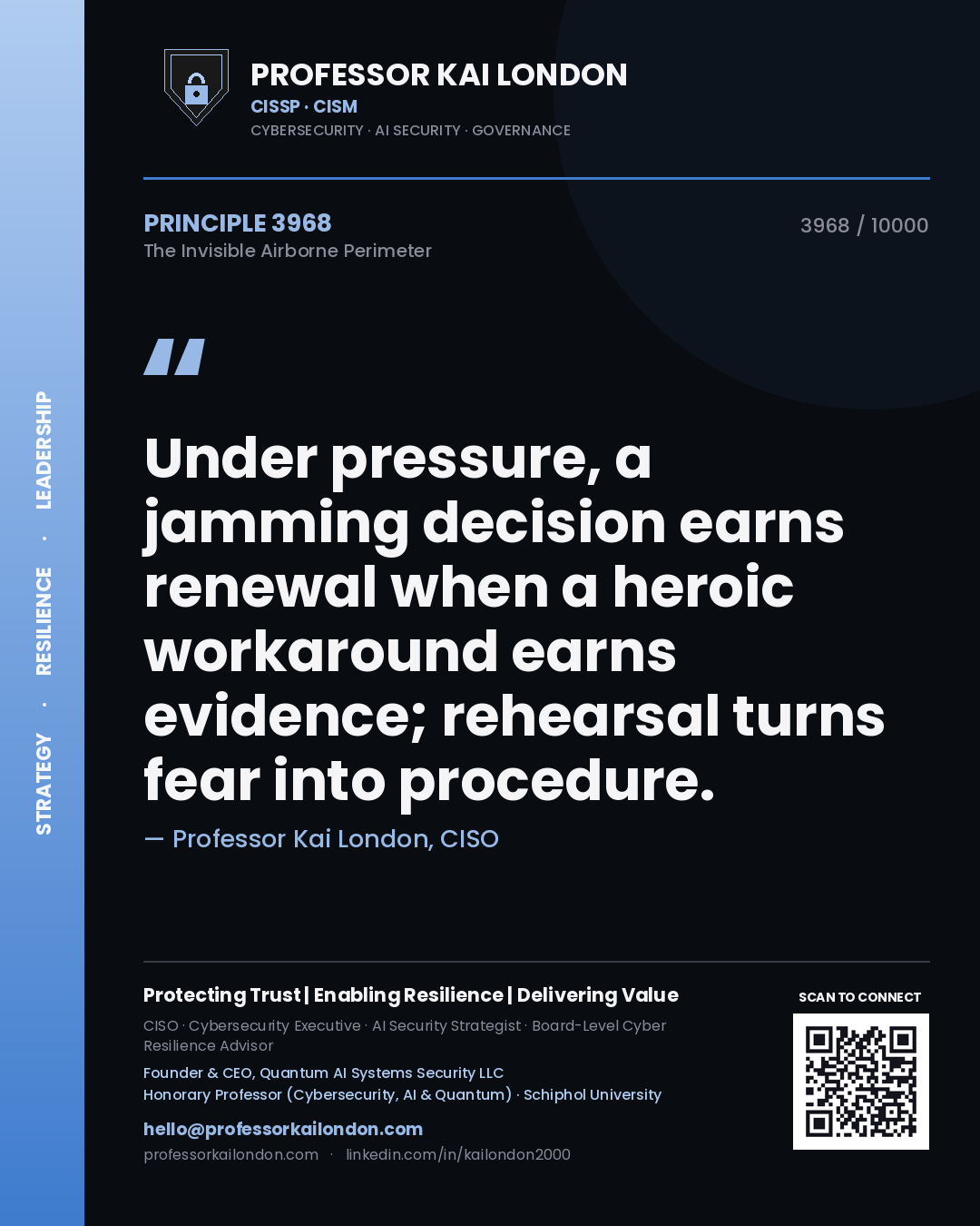 Professor Kai London principle 3968: Under pressure, a jamming decision earns renewal when a heroic workaround earns evidence; rehearsal turns fear into procedure.