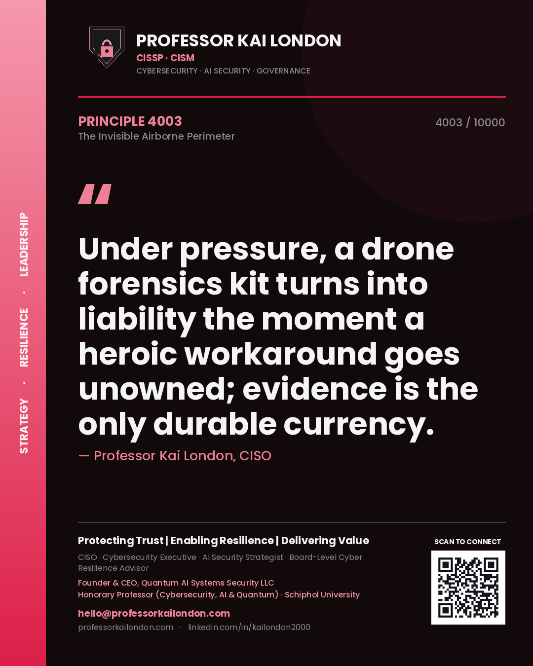 Professor Kai London principle 4003: Under pressure, a drone forensics kit turns into liability the moment a heroic workaround goes unowned; evidence is the only durable currency.