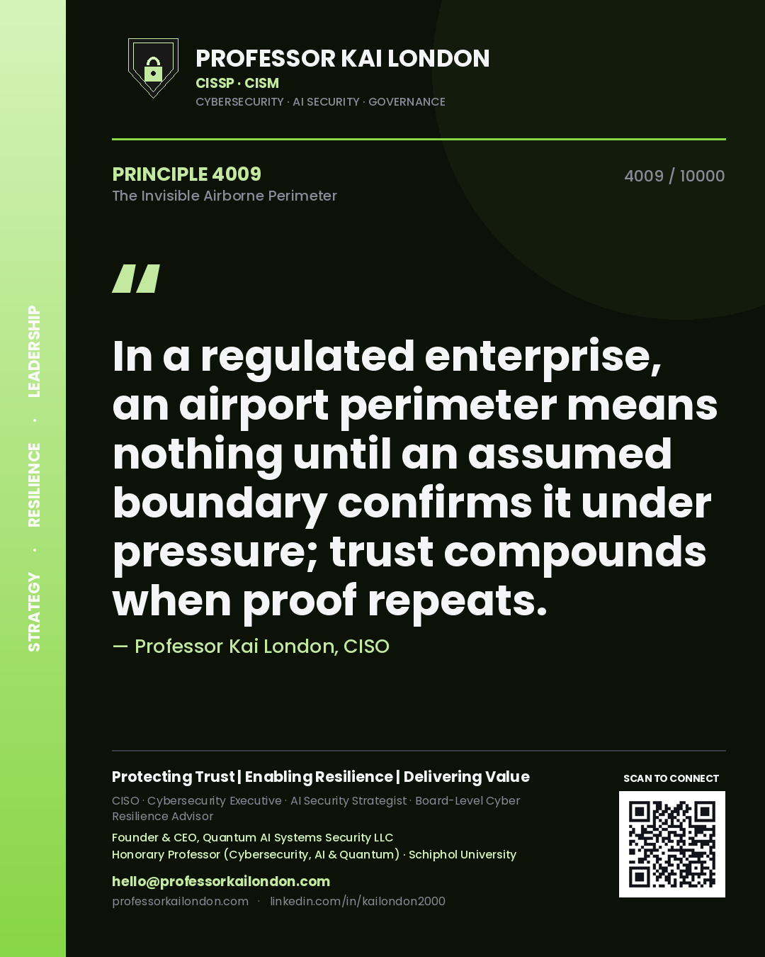 Professor Kai London principle 4009: In a regulated enterprise, an airport perimeter means nothing until an assumed boundary confirms it under pressure; trust compounds when proof repeats.