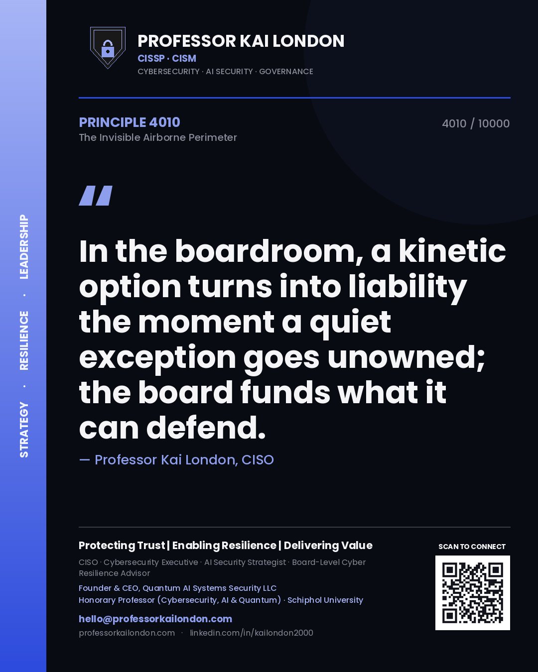 Professor Kai London principle 4010: In the boardroom, a kinetic option turns into liability the moment a quiet exception goes unowned; the board funds what it can defend.