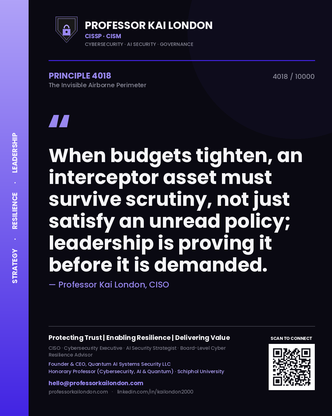 Professor Kai London principle 4018: When budgets tighten, an interceptor asset must survive scrutiny, not just satisfy an unread policy; leadership is proving it before it is demanded.