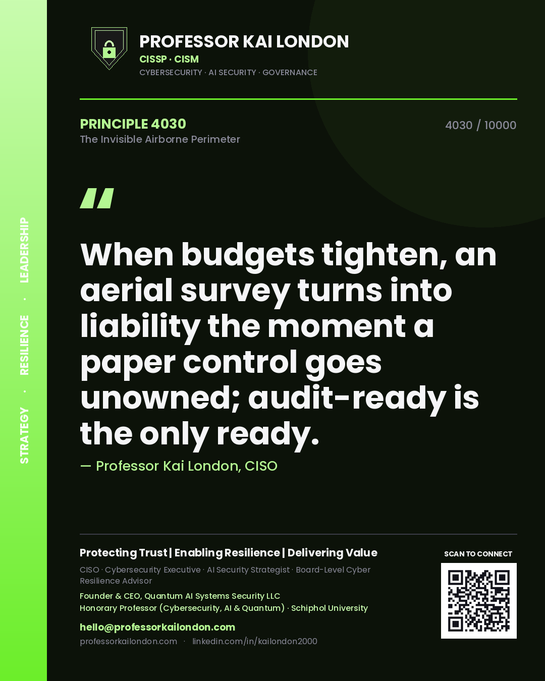 Quote card by Professor Kai London reading 'When budgets tighten, an aerial survey turns into liability the moment a paper control goes unowned; audit-ready is the only ready.'. From the book The Invisible Airborne Perimeter.