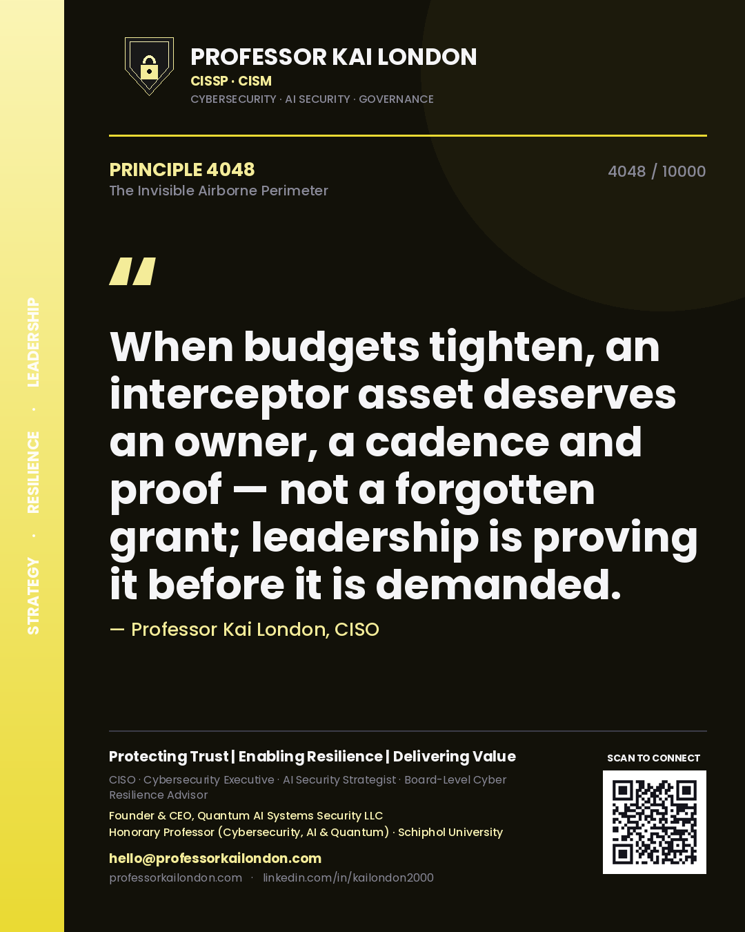 Professor Kai London principle 4048: When budgets tighten, an interceptor asset deserves an owner, a cadence and proof — not a forgotten grant; leadership is proving it before it is demanded.