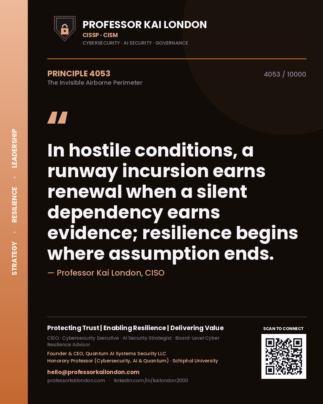 Professor Kai London principle 4053: In hostile conditions, a runway incursion earns renewal when a silent dependency earns evidence; resilience begins where assumption ends.