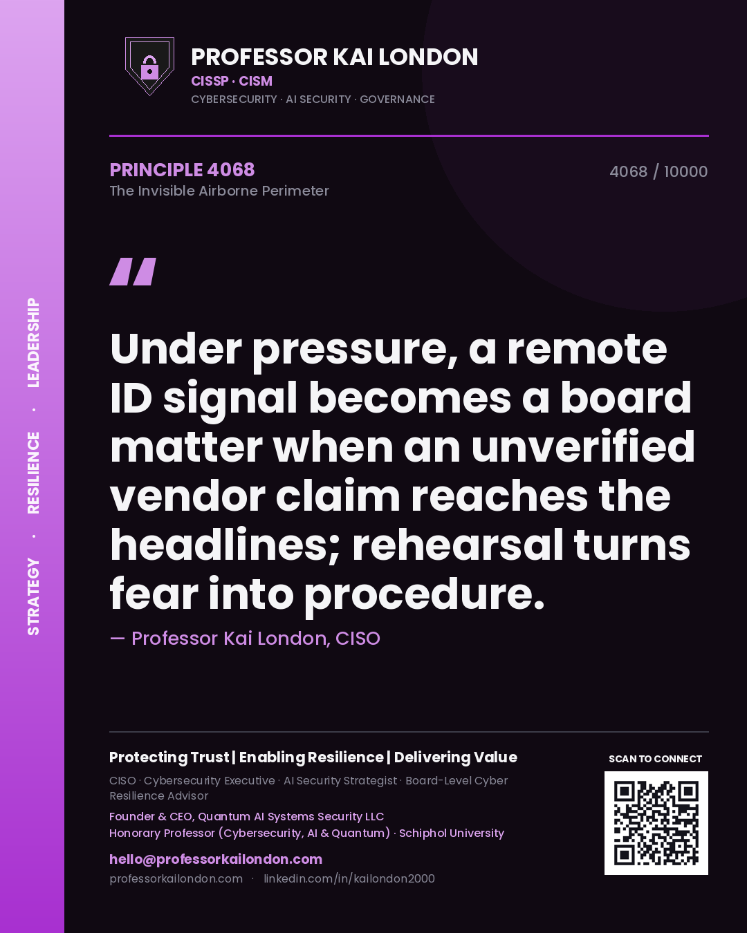 Professor Kai London principle 4068: Under pressure, a remote ID signal becomes a board matter when an unverified vendor claim reaches the headlines; rehearsal turns fear into procedure.