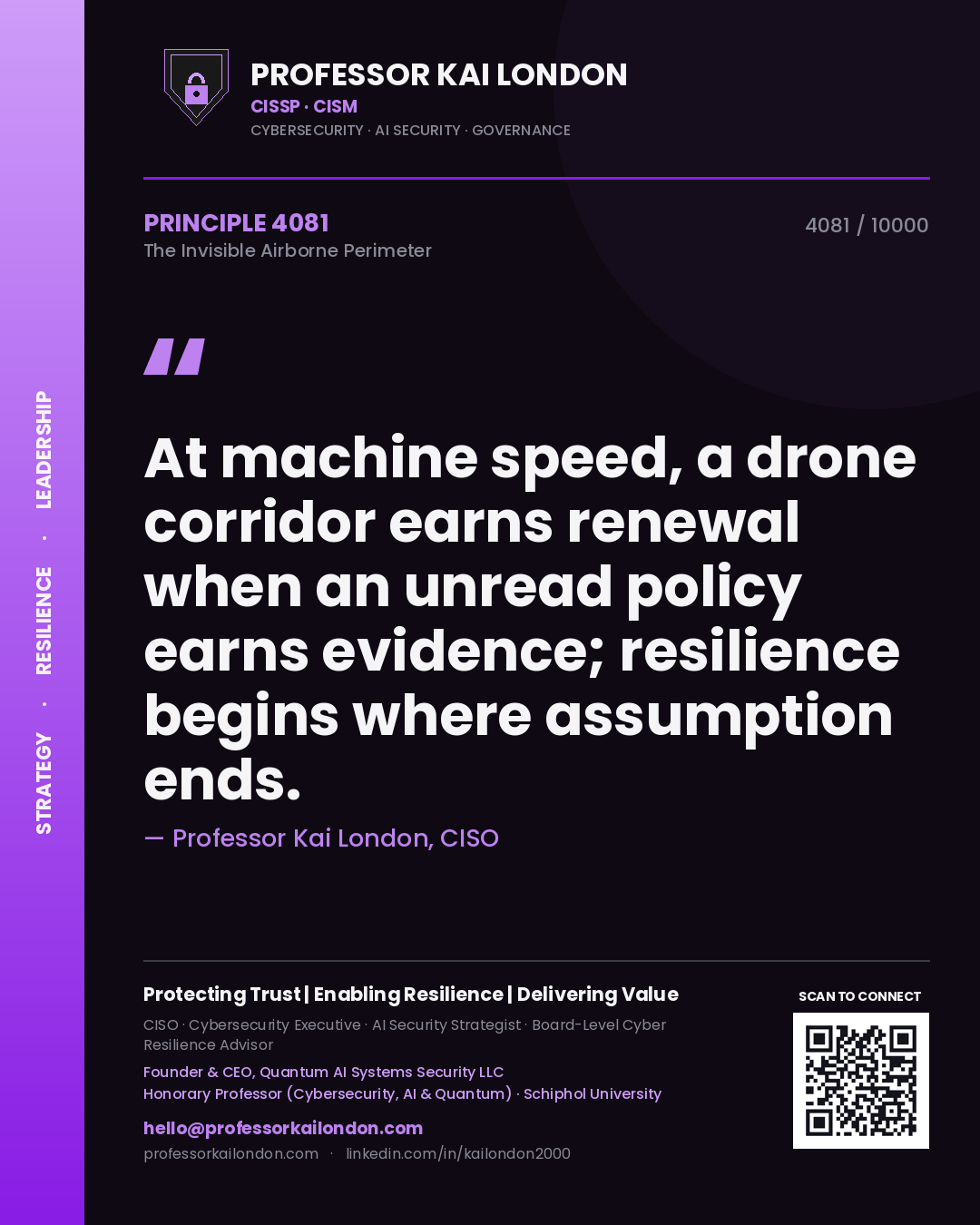 Quote card by Professor Kai London reading 'At machine speed, a drone corridor earns renewal when an unread policy earns evidence; resilience begins where assumption ends.'. From the book The Invisible Airborne Perimeter.