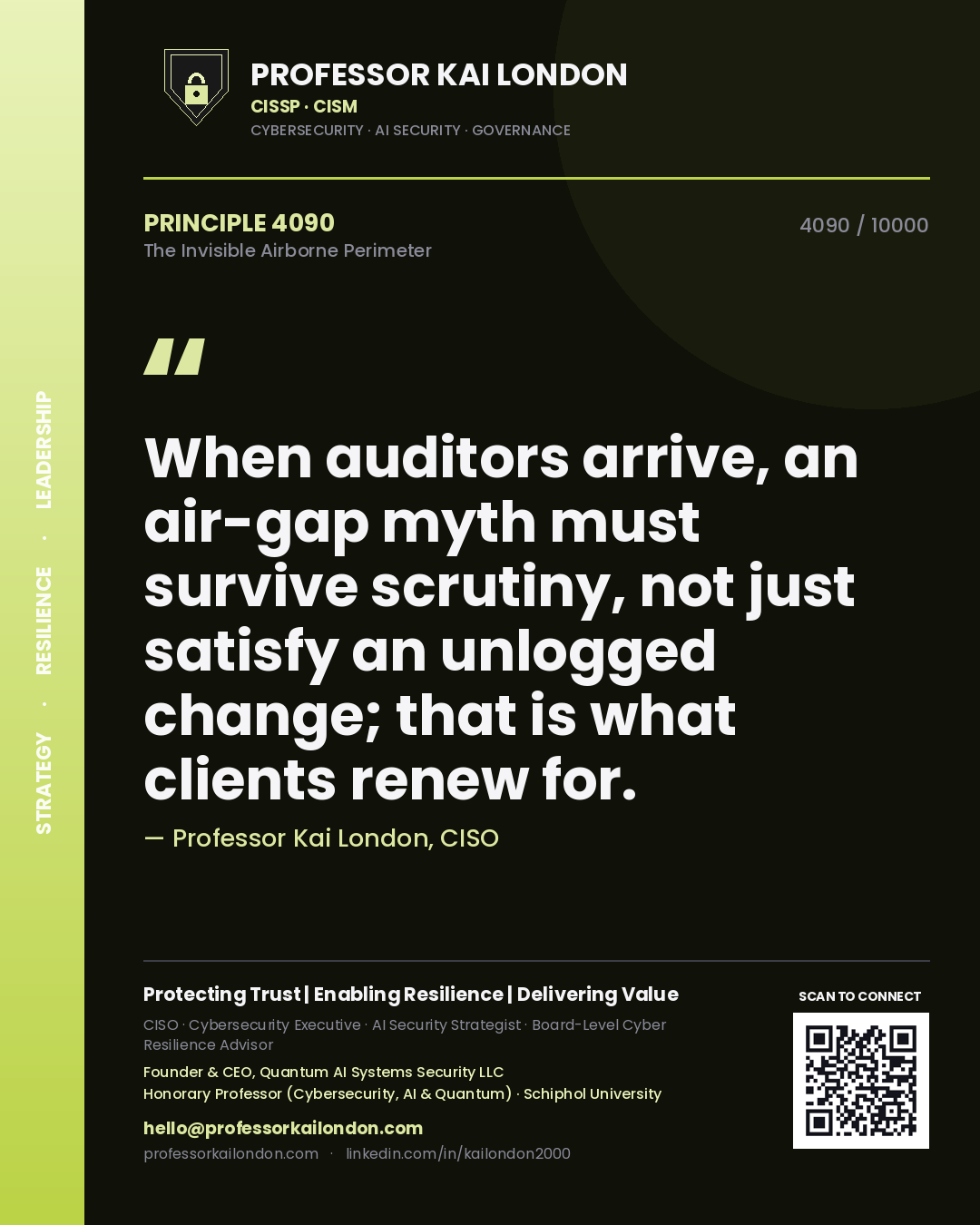 Professor Kai London principle 4090: When auditors arrive, an air-gap myth must survive scrutiny, not just satisfy an unlogged change; that is what clients renew for.